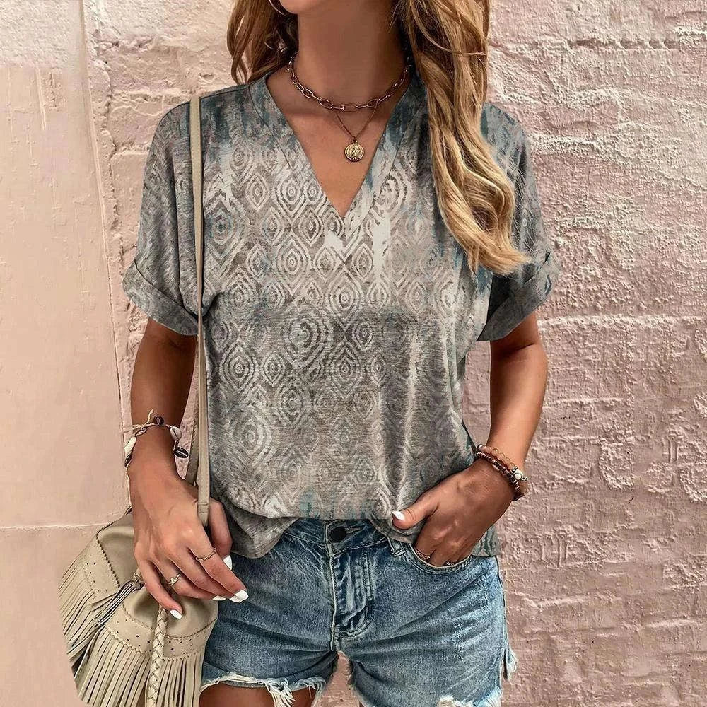 Retro Women’s Floral T-Shirt – Harajuku Style Short Sleeve V-Neck Casual Blouse S56VTX180