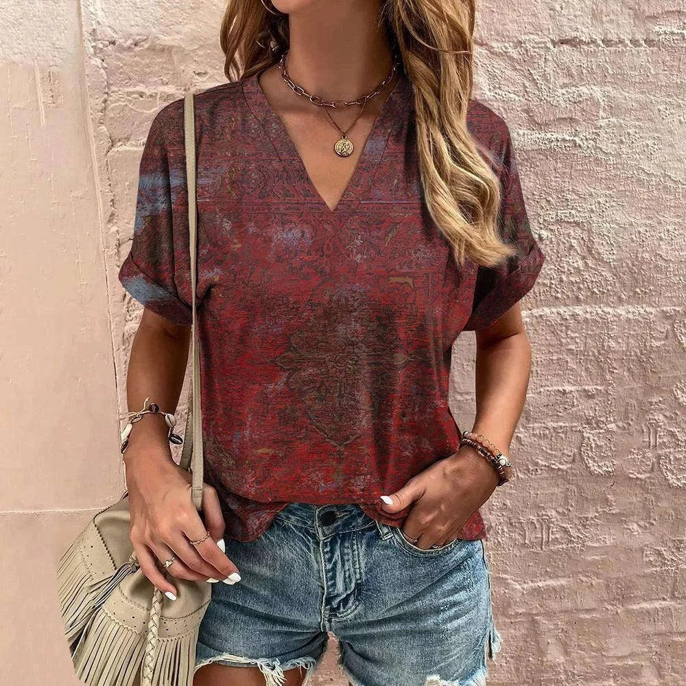 Retro Women’s Floral T-Shirt – Harajuku Style Short Sleeve V-Neck Casual Blouse S56VTX179