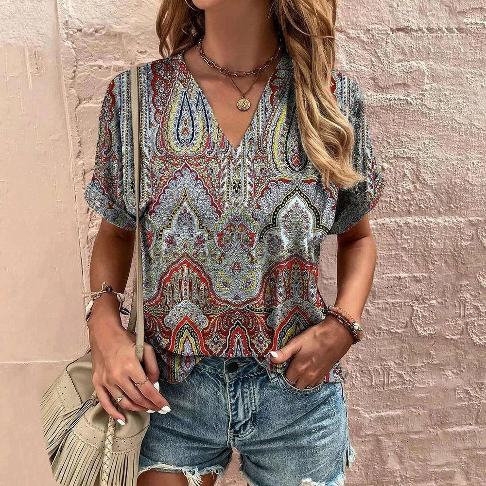 Retro Women’s Floral T-Shirt – Harajuku Style Short Sleeve V-Neck Casual Blouse S56VTX171