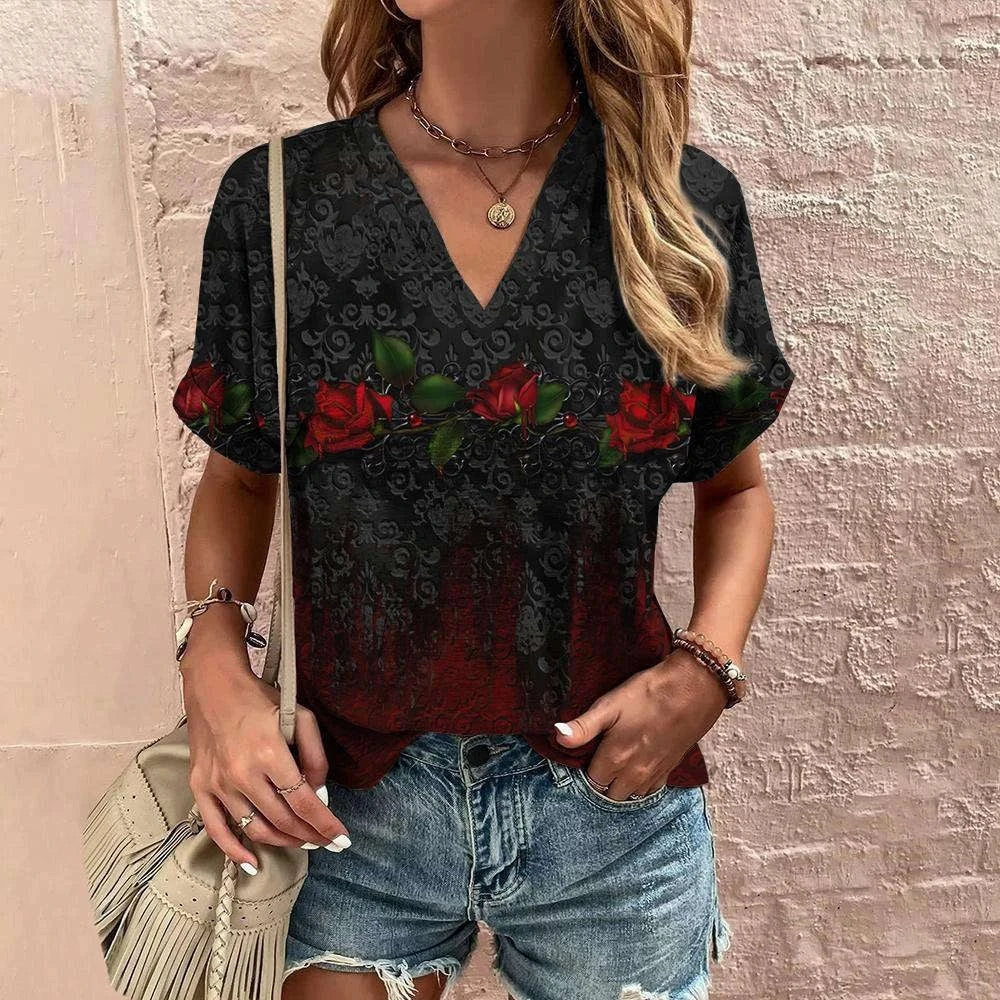 Retro Women’s Floral T-Shirt – Harajuku Style Short Sleeve V-Neck Casual Blouse S56VTX188