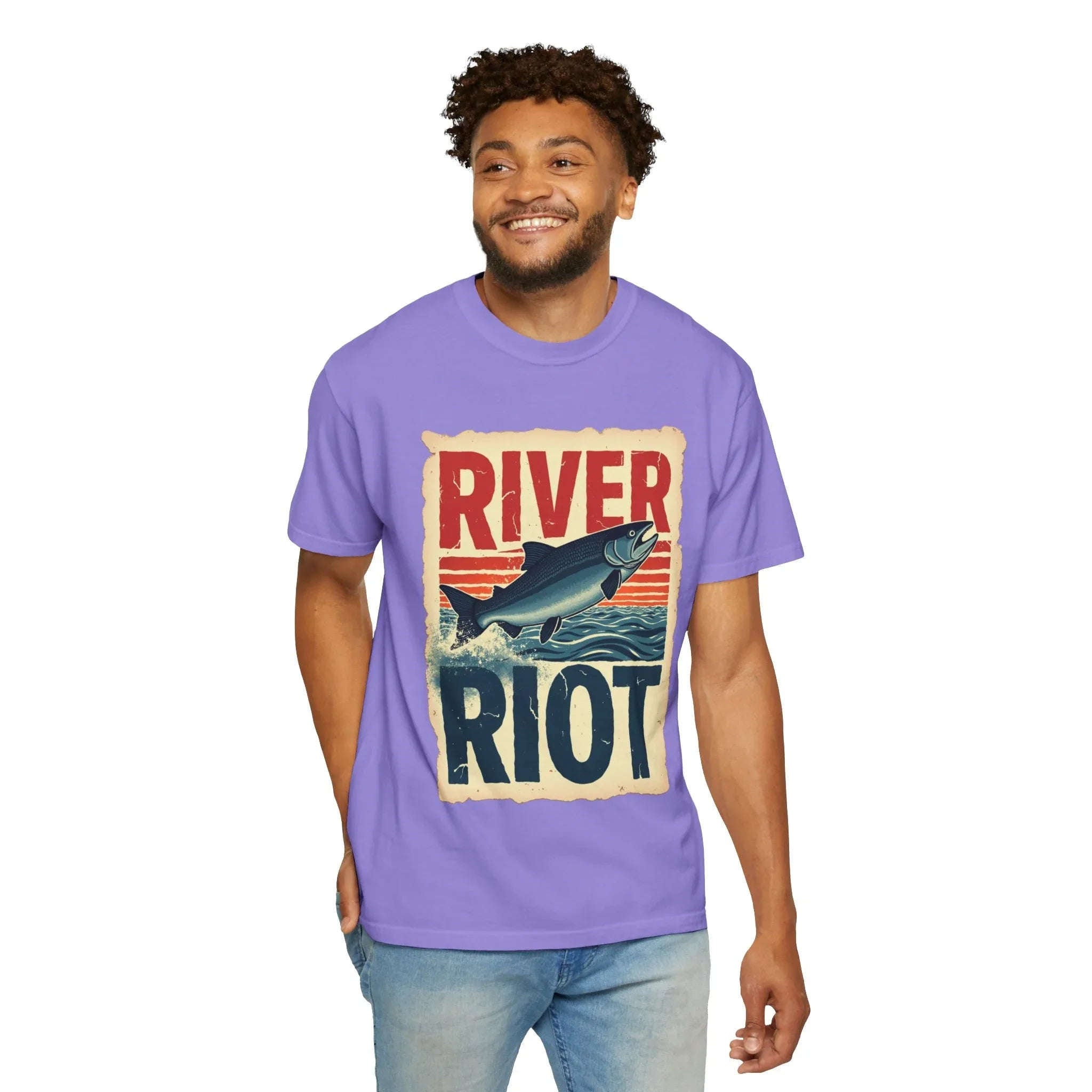 River Riot Salmon T-Shirt, Retro Fishing Graphic Tee, Vintage Fish Poster Design, Leaping Salmon Sunburst Stripes, Unisex Garment-Dyed Violet