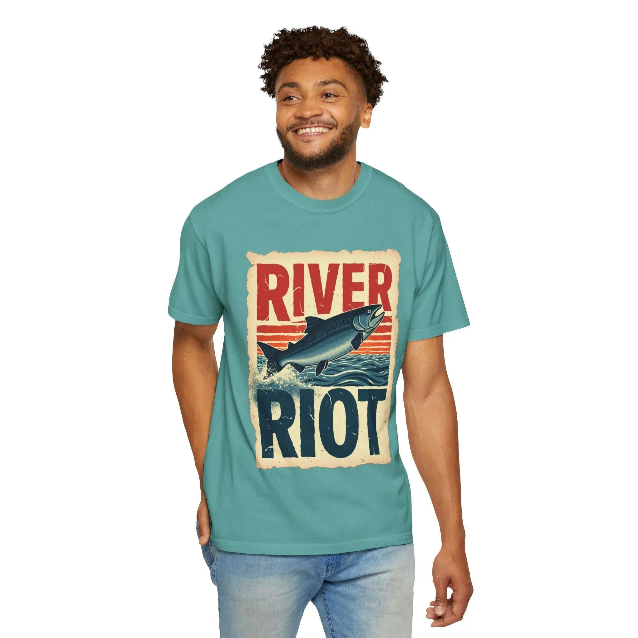 River Riot Salmon T-Shirt, Retro Fishing Graphic Tee, Vintage Fish Poster Design, Leaping Salmon Sunburst Stripes, Unisex Garment-Dyed Seafoam
