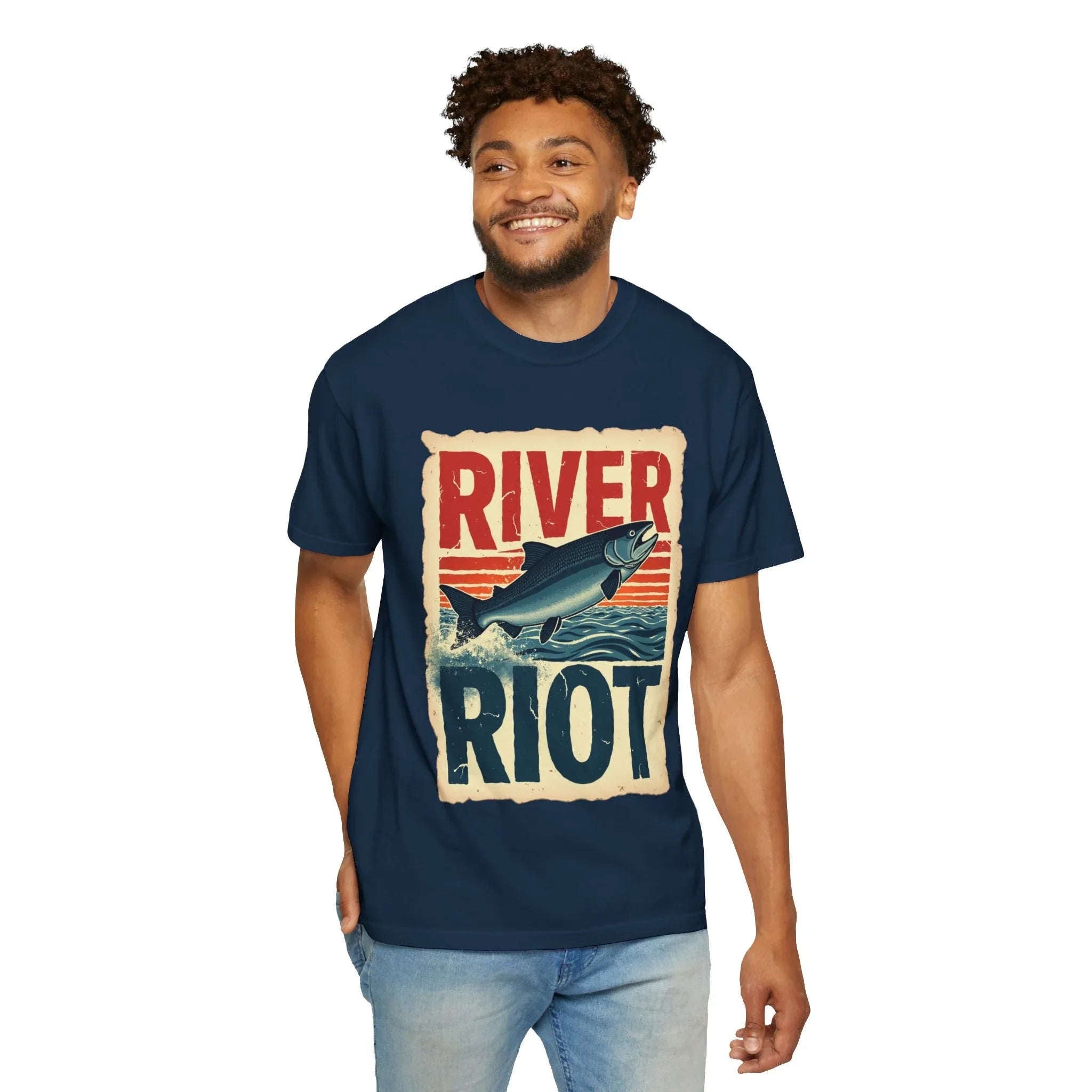River Riot Salmon T-Shirt, Retro Fishing Graphic Tee, Vintage Fish Poster Design, Leaping Salmon Sunburst Stripes, Unisex Garment-Dyed True Navy