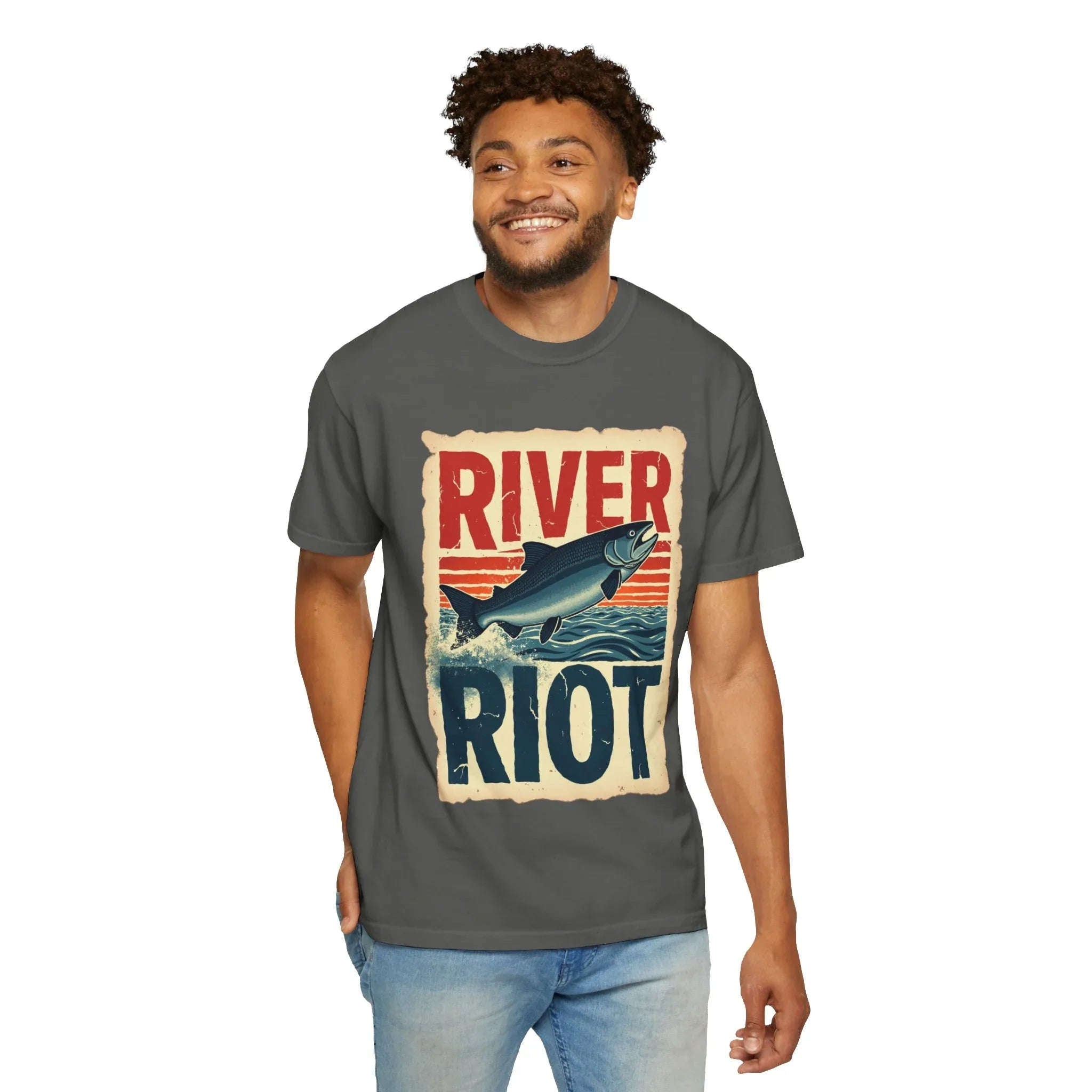 River Riot Salmon T-Shirt, Retro Fishing Graphic Tee, Vintage Fish Poster Design, Leaping Salmon Sunburst Stripes, Unisex Garment-Dyed Pepper