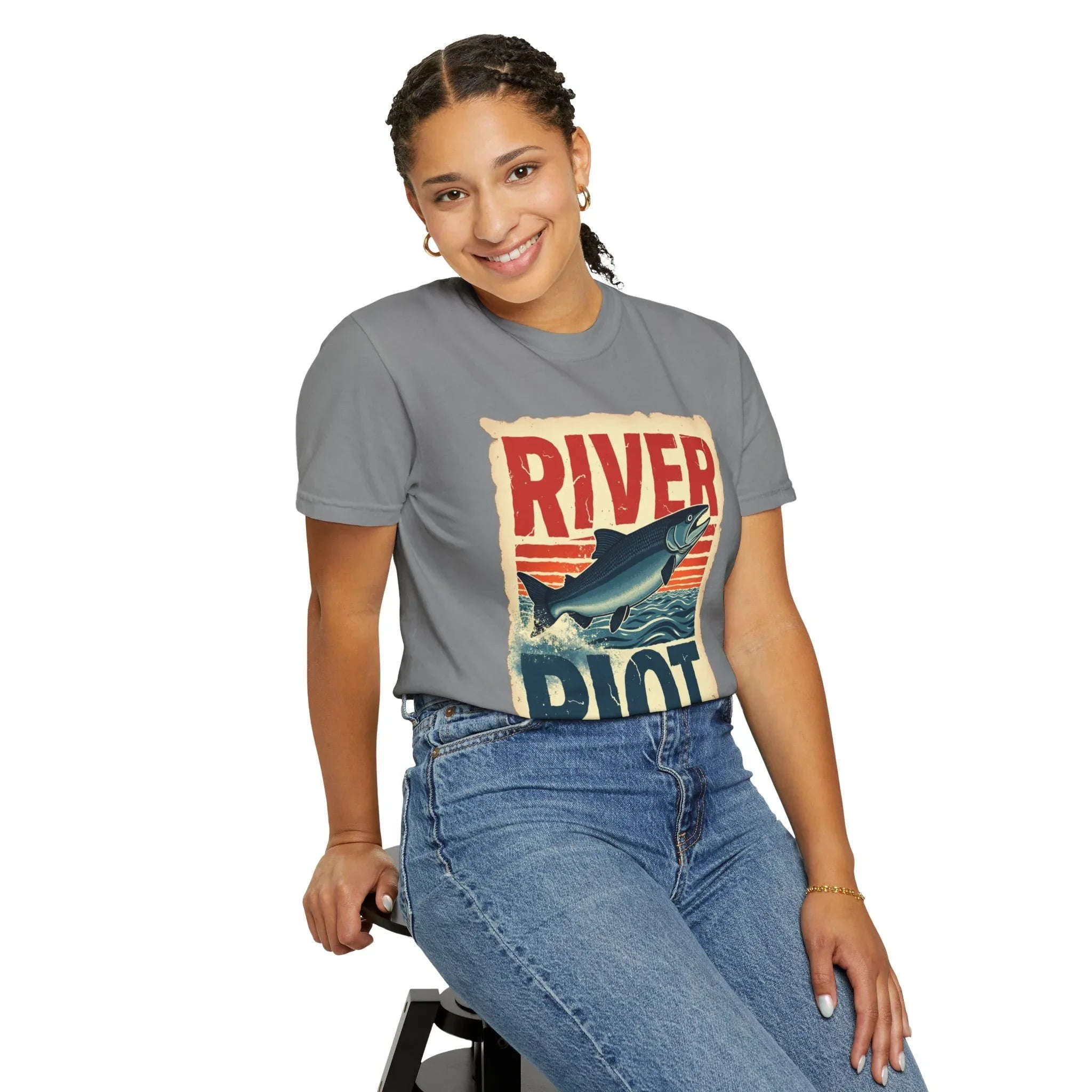 River Riot Salmon T-Shirt, Retro Fishing Graphic Tee, Vintage Fish Poster Design, Leaping Salmon Sunburst Stripes, Unisex Garment-Dyed