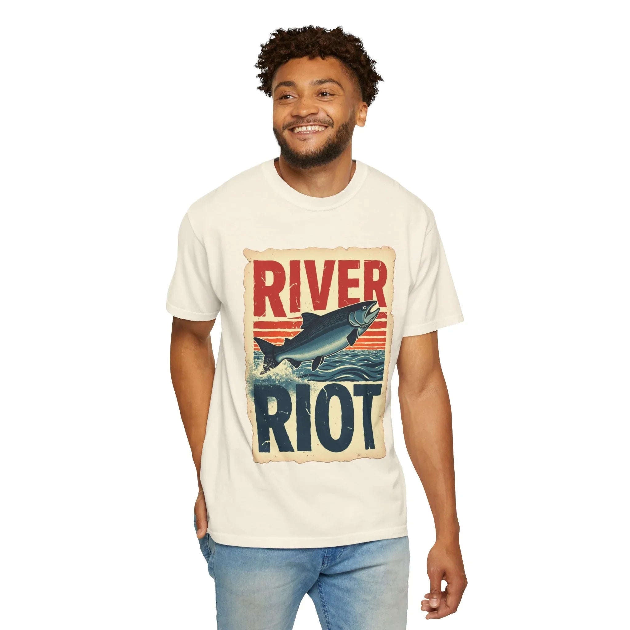 River Riot Salmon T-Shirt, Retro Fishing Graphic Tee, Vintage Fish Poster Design, Leaping Salmon Sunburst Stripes, Unisex Garment-Dyed Ivory