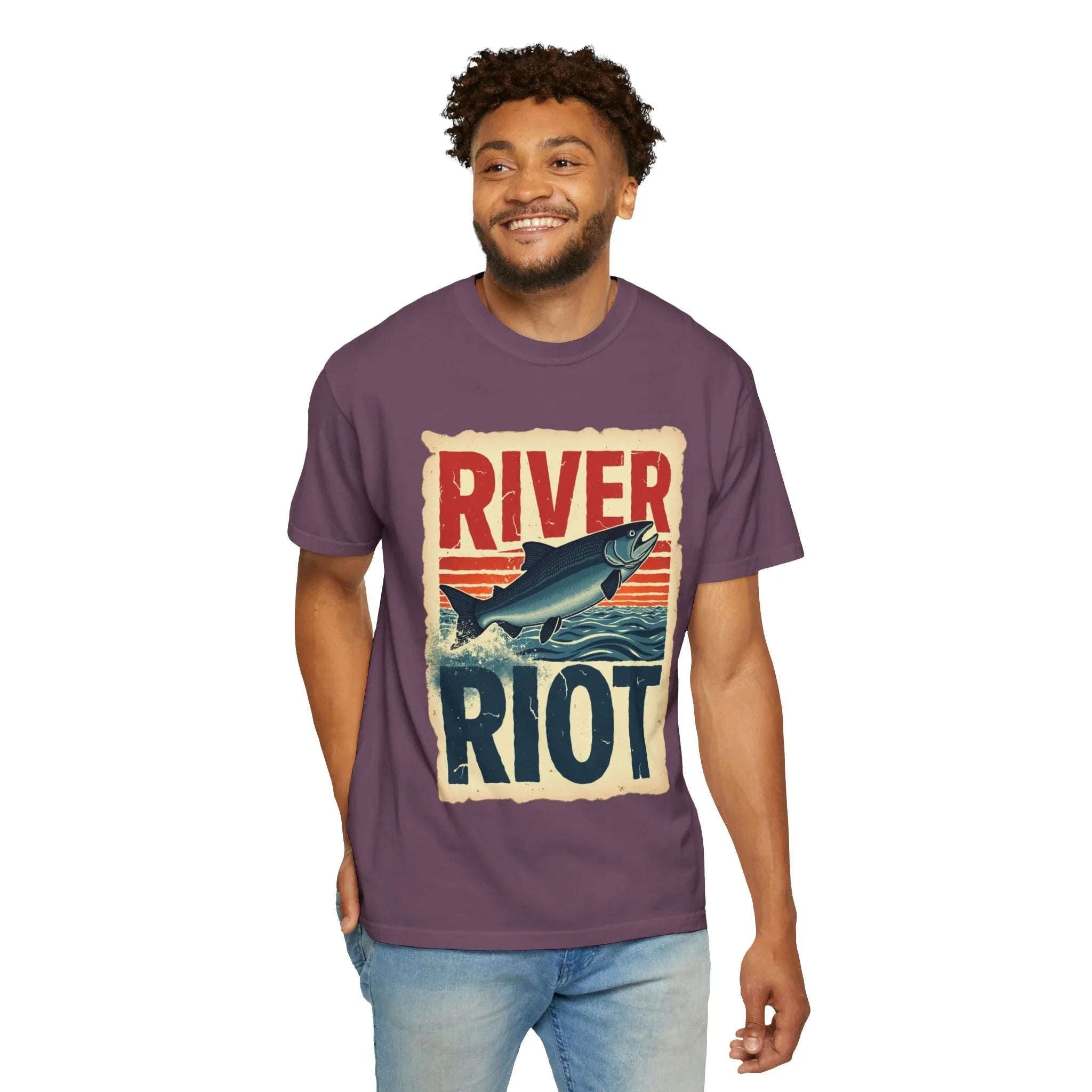 River Riot Salmon T-Shirt, Retro Fishing Graphic Tee, Vintage Fish Poster Design, Leaping Salmon Sunburst Stripes, Unisex Garment-Dyed Berry M