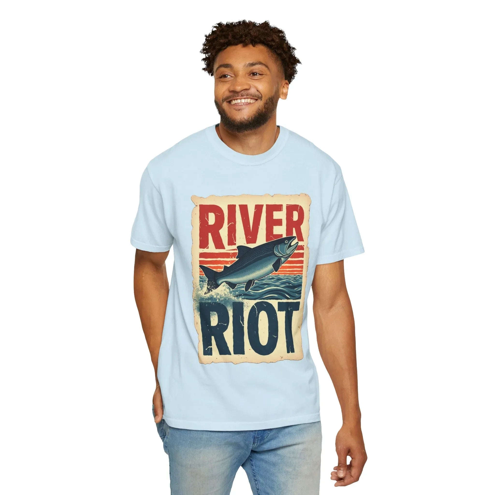River Riot Salmon T-Shirt, Retro Fishing Graphic Tee, Vintage Fish Poster Design, Leaping Salmon Sunburst Stripes, Unisex Garment-Dyed Chambray