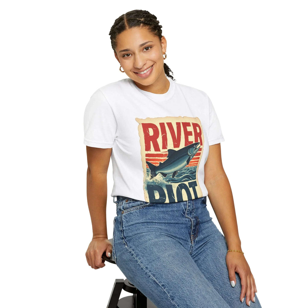 River Riot Salmon T-Shirt, Retro Fishing Graphic Tee, Vintage Fish Poster Design, Leaping Salmon Sunburst Stripes, Unisex Garment-Dyed
