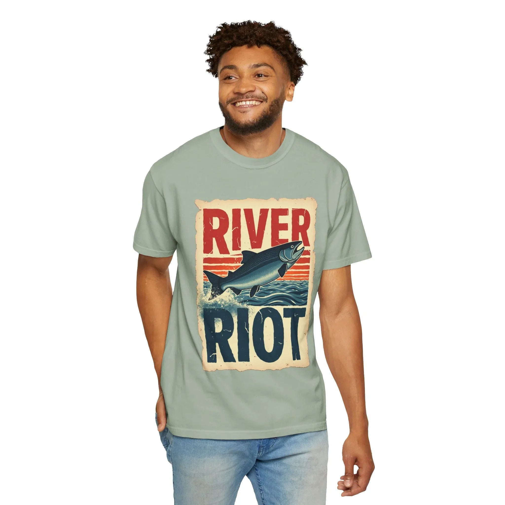 River Riot Salmon T-Shirt, Retro Fishing Graphic Tee, Vintage Fish Poster Design, Leaping Salmon Sunburst Stripes, Unisex Garment-Dyed Bay