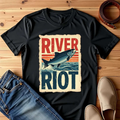 River Riot Salmon T-Shirt, Retro Fishing Graphic Tee, Vintage Fish Poster Design, Leaping Salmon Sunburst Stripes, Unisex Garment-Dyed Black