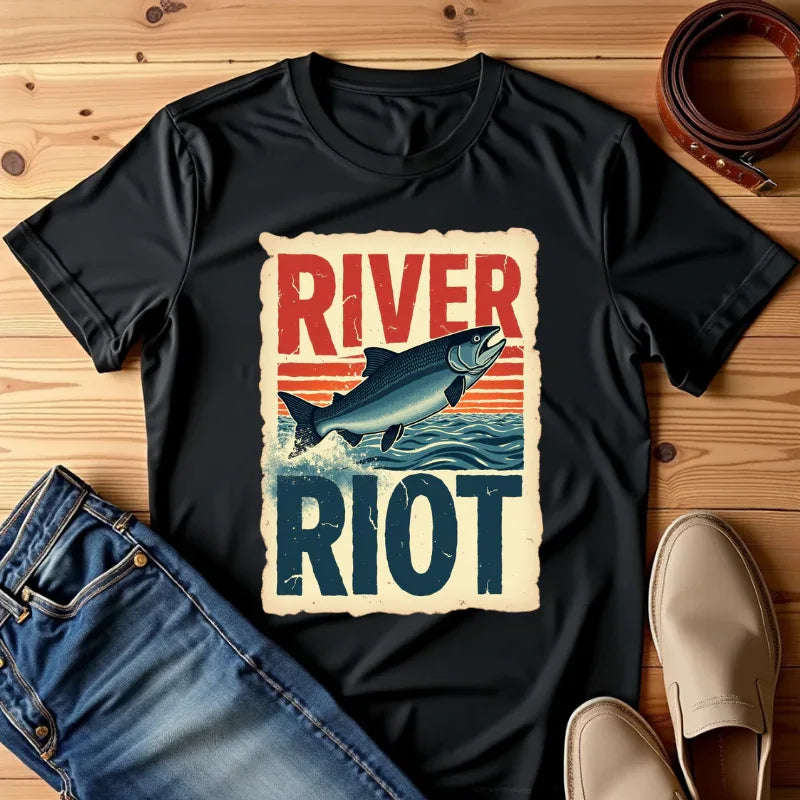 River Riot Salmon T-Shirt, Retro Fishing Graphic Tee, Vintage Fish Poster Design, Leaping Salmon Sunburst Stripes, Unisex Garment-Dyed Black