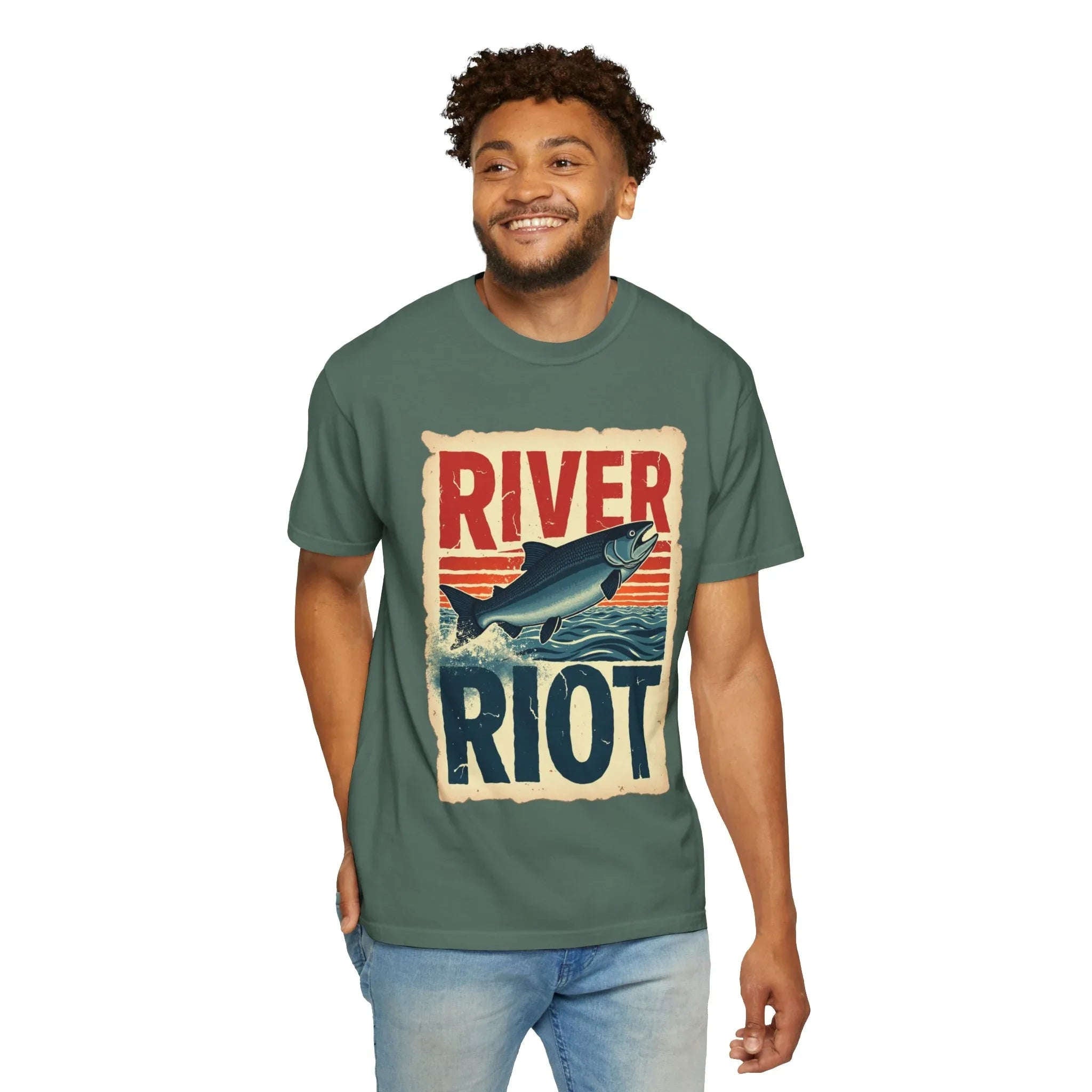 River Riot Salmon T-Shirt, Retro Fishing Graphic Tee, Vintage Fish Poster Design, Leaping Salmon Sunburst Stripes, Unisex Garment-Dyed Blue Spruce