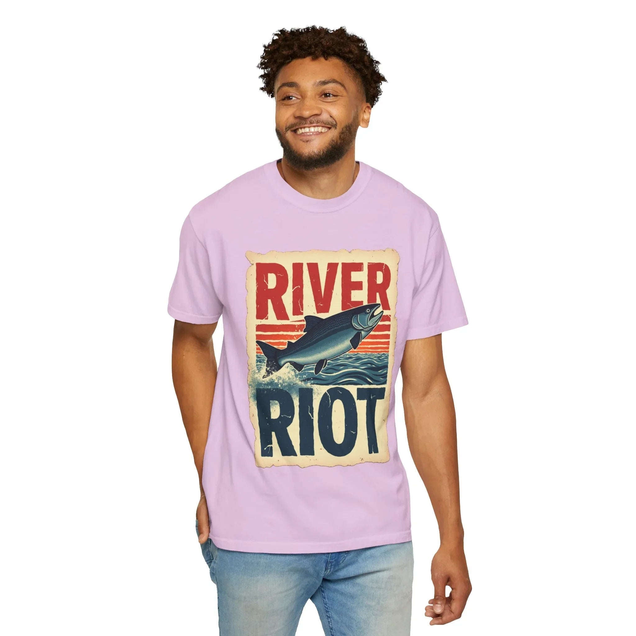 River Riot Salmon T-Shirt, Retro Fishing Graphic Tee, Vintage Fish Poster Design, Leaping Salmon Sunburst Stripes, Unisex Garment-Dyed Orchid