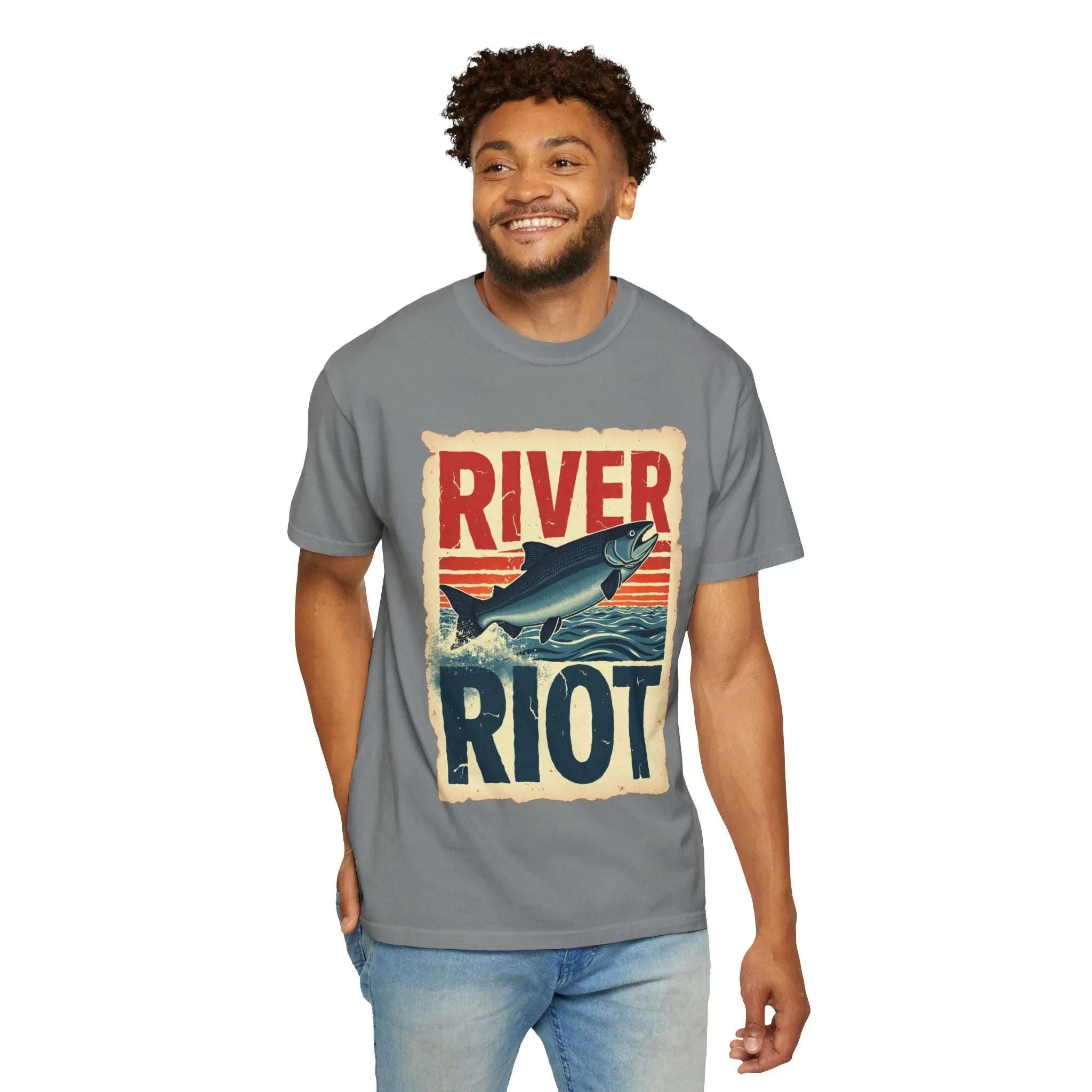 River Riot Salmon T-Shirt, Retro Fishing Graphic Tee, Vintage Fish Poster Design, Leaping Salmon Sunburst Stripes, Unisex Garment-Dyed Grey