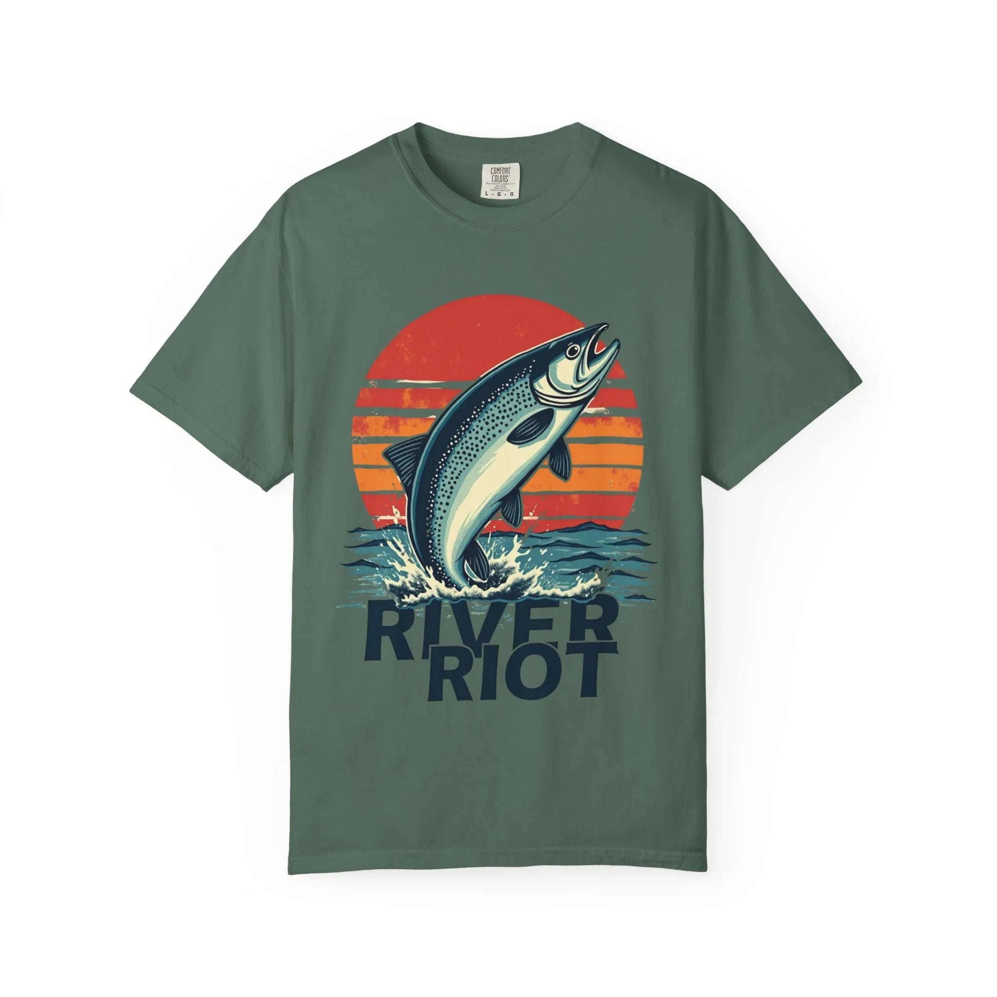 River Riot Trout Shirt, Retro Sunrise Fly Fishing Tee, Leaping Trout Graphic T-Shirt, Angler River Life Gift, Vintage Outdoors Blue Spruce