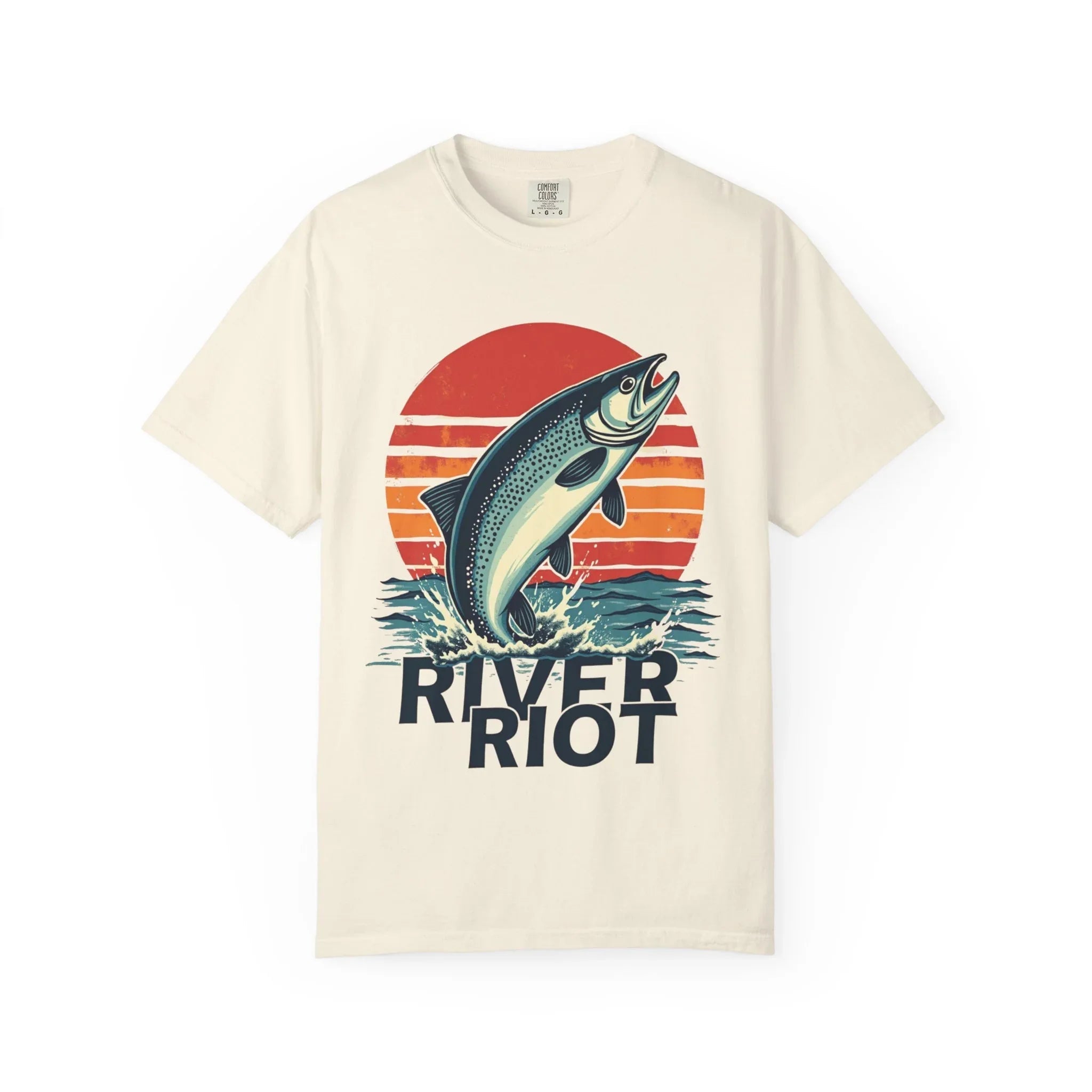 River Riot Trout Shirt, Retro Sunrise Fly Fishing Tee, Leaping Trout Graphic T-Shirt, Angler River Life Gift, Vintage Outdoors Ivory