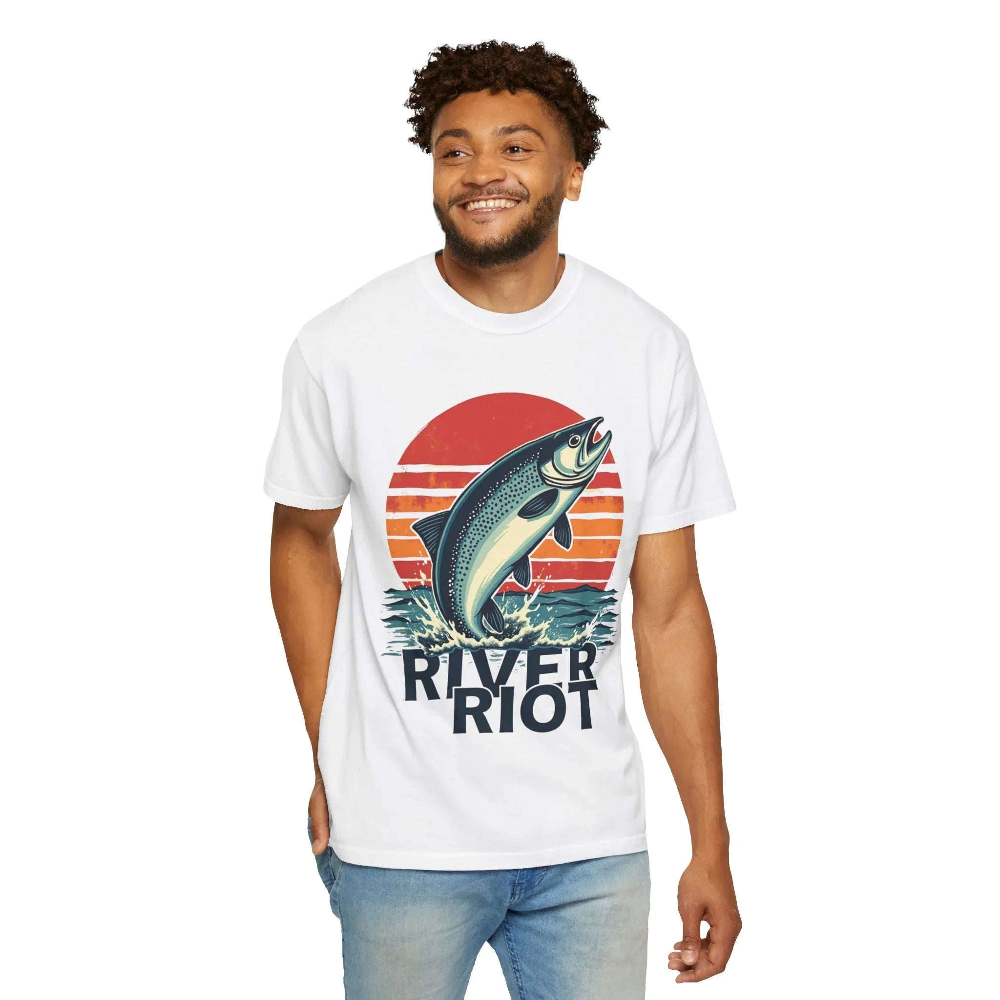 River Riot Trout Shirt, Retro Sunrise Fly Fishing Tee, Leaping Trout Graphic T-Shirt, Angler River Life Gift, Vintage Outdoors