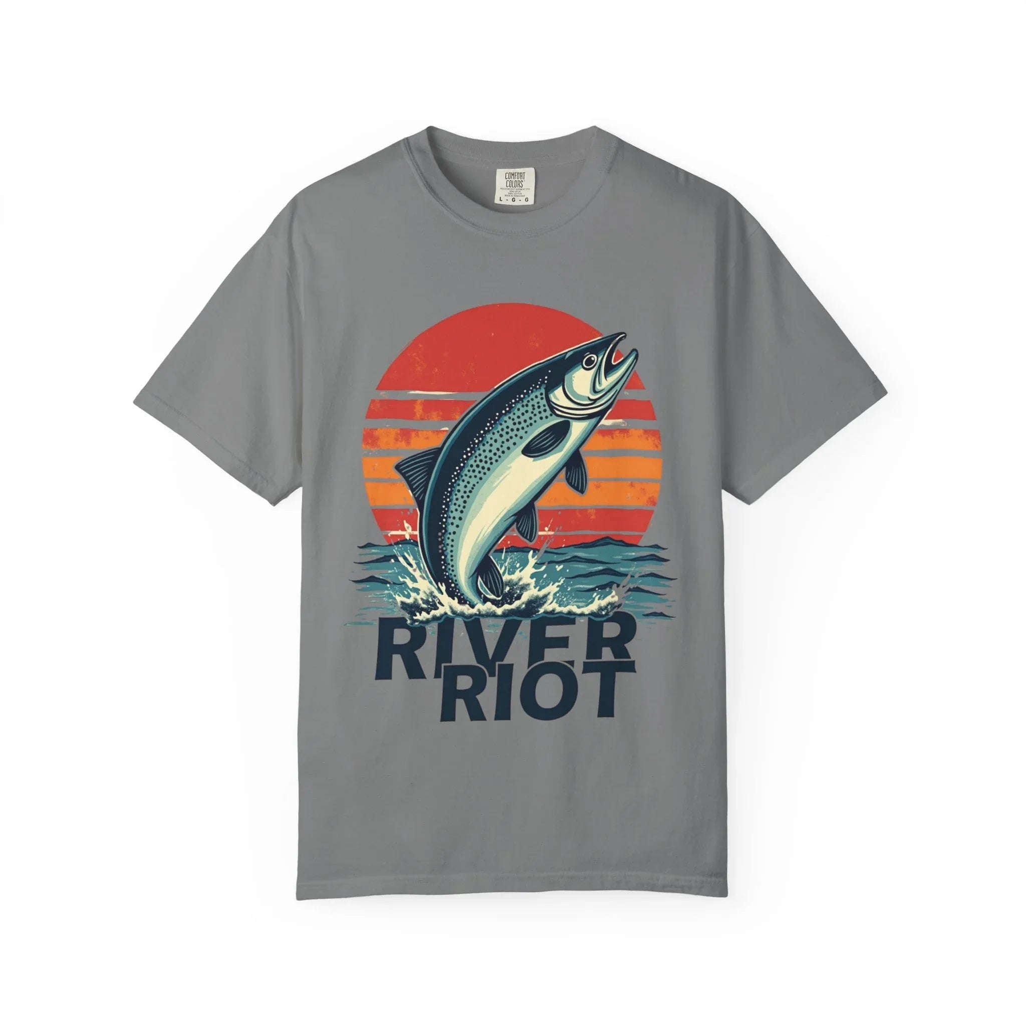 River Riot Trout Shirt, Retro Sunrise Fly Fishing Tee, Leaping Trout Graphic T-Shirt, Angler River Life Gift, Vintage Outdoors Grey