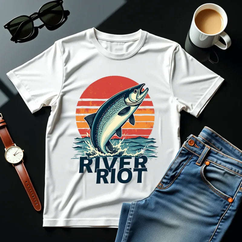 River Riot Trout Shirt, Retro Sunrise Fly Fishing Tee, Leaping Trout Graphic T-Shirt, Angler River Life Gift, Vintage Outdoors White
