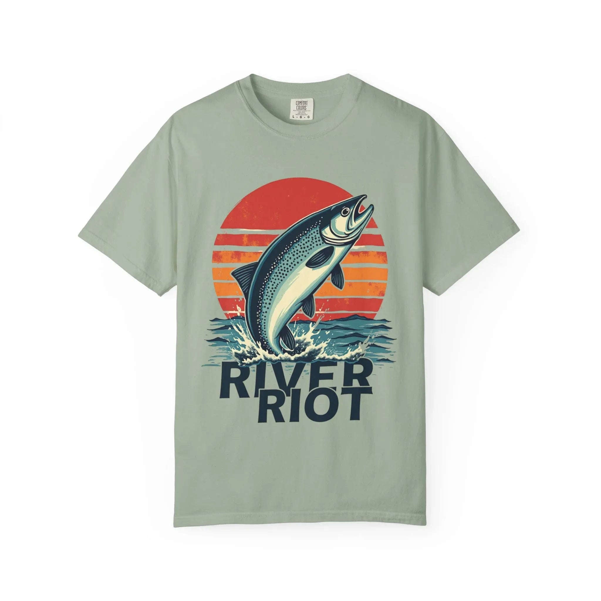 River Riot Trout Shirt, Retro Sunrise Fly Fishing Tee, Leaping Trout Graphic T-Shirt, Angler River Life Gift, Vintage Outdoors Bay