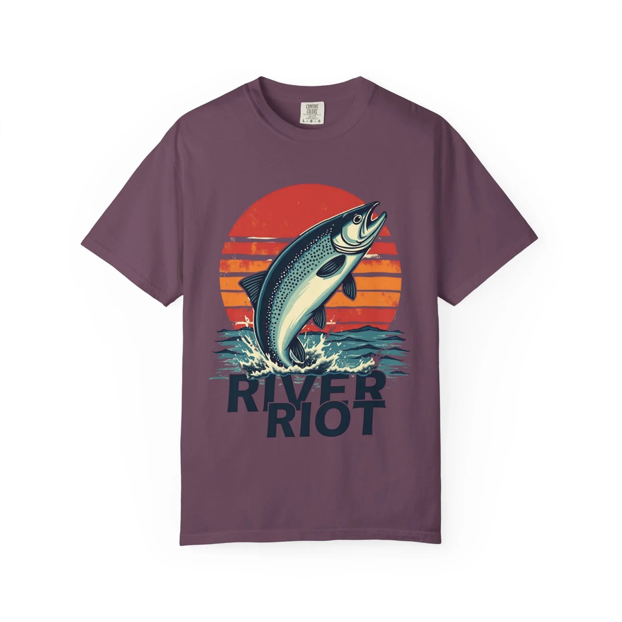 River Riot Trout Shirt, Retro Sunrise Fly Fishing Tee, Leaping Trout Graphic T-Shirt, Angler River Life Gift, Vintage Outdoors Berry M