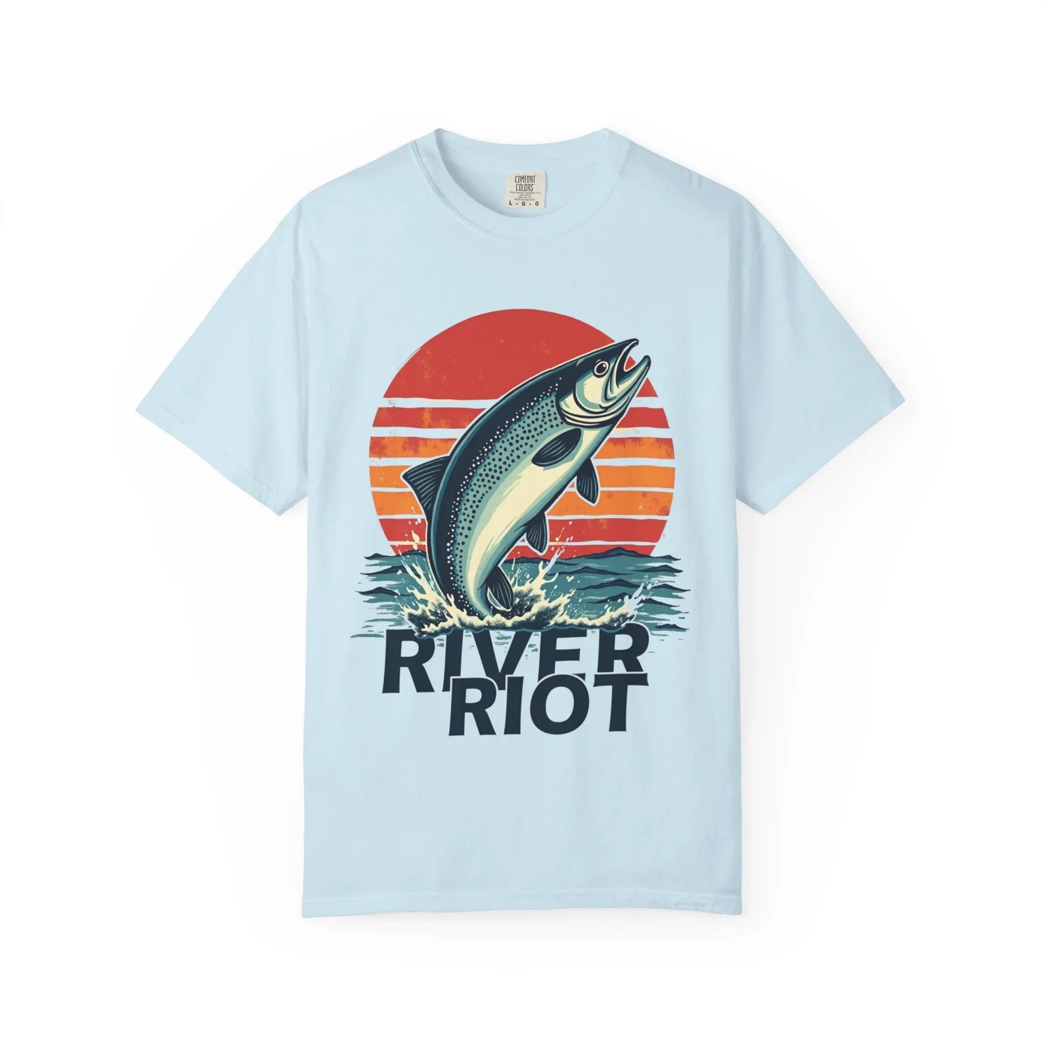River Riot Trout Shirt, Retro Sunrise Fly Fishing Tee, Leaping Trout Graphic T-Shirt, Angler River Life Gift, Vintage Outdoors Chambray
