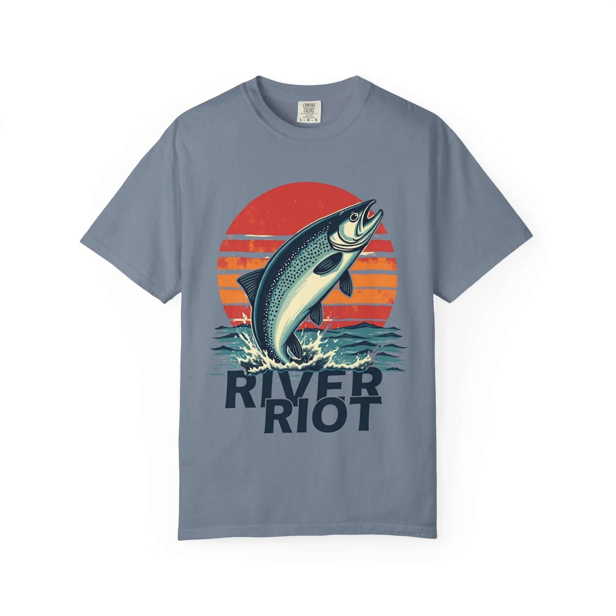 River Riot Trout Shirt, Retro Sunrise Fly Fishing Tee, Leaping Trout Graphic T-Shirt, Angler River Life Gift, Vintage Outdoors Blue Jean