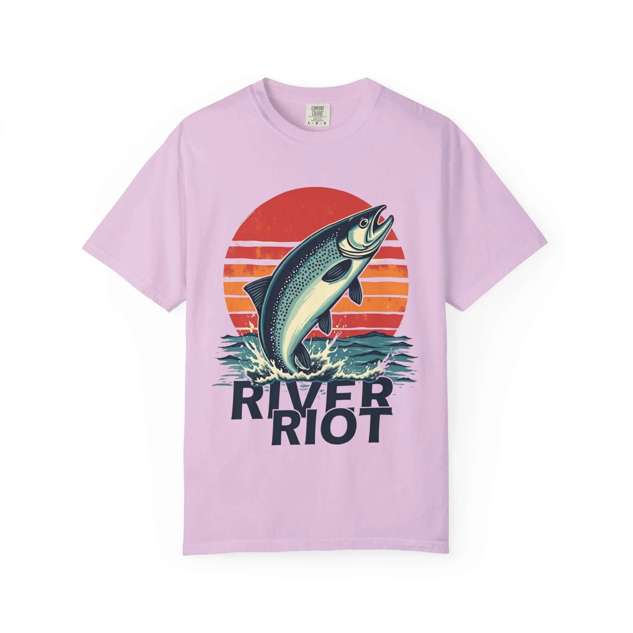 River Riot Trout Shirt, Retro Sunrise Fly Fishing Tee, Leaping Trout Graphic T-Shirt, Angler River Life Gift, Vintage Outdoors Orchid