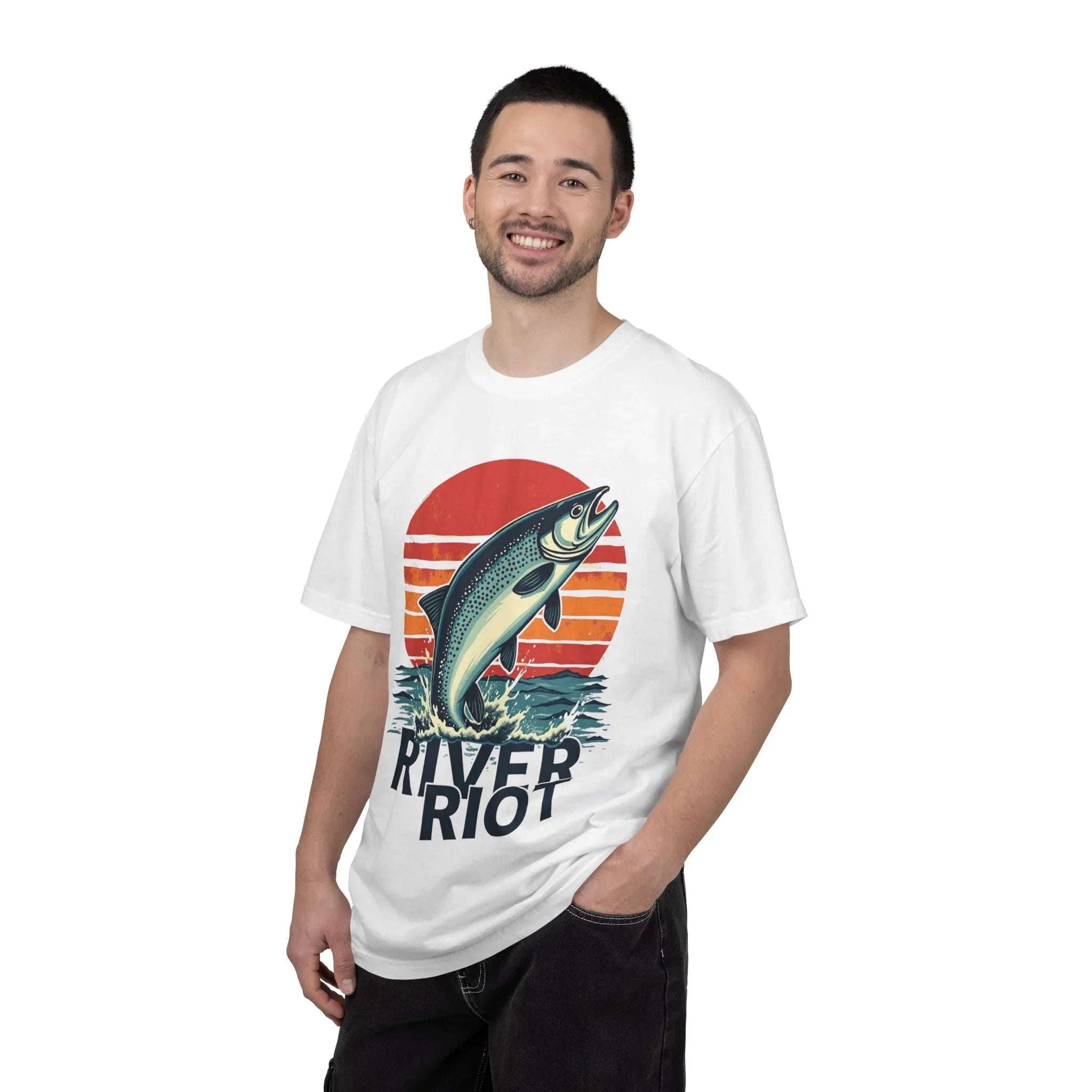 River Riot Trout Shirt, Retro Sunrise Fly Fishing Tee, Leaping Trout Graphic T-Shirt, Angler River Life Gift, Vintage Outdoors