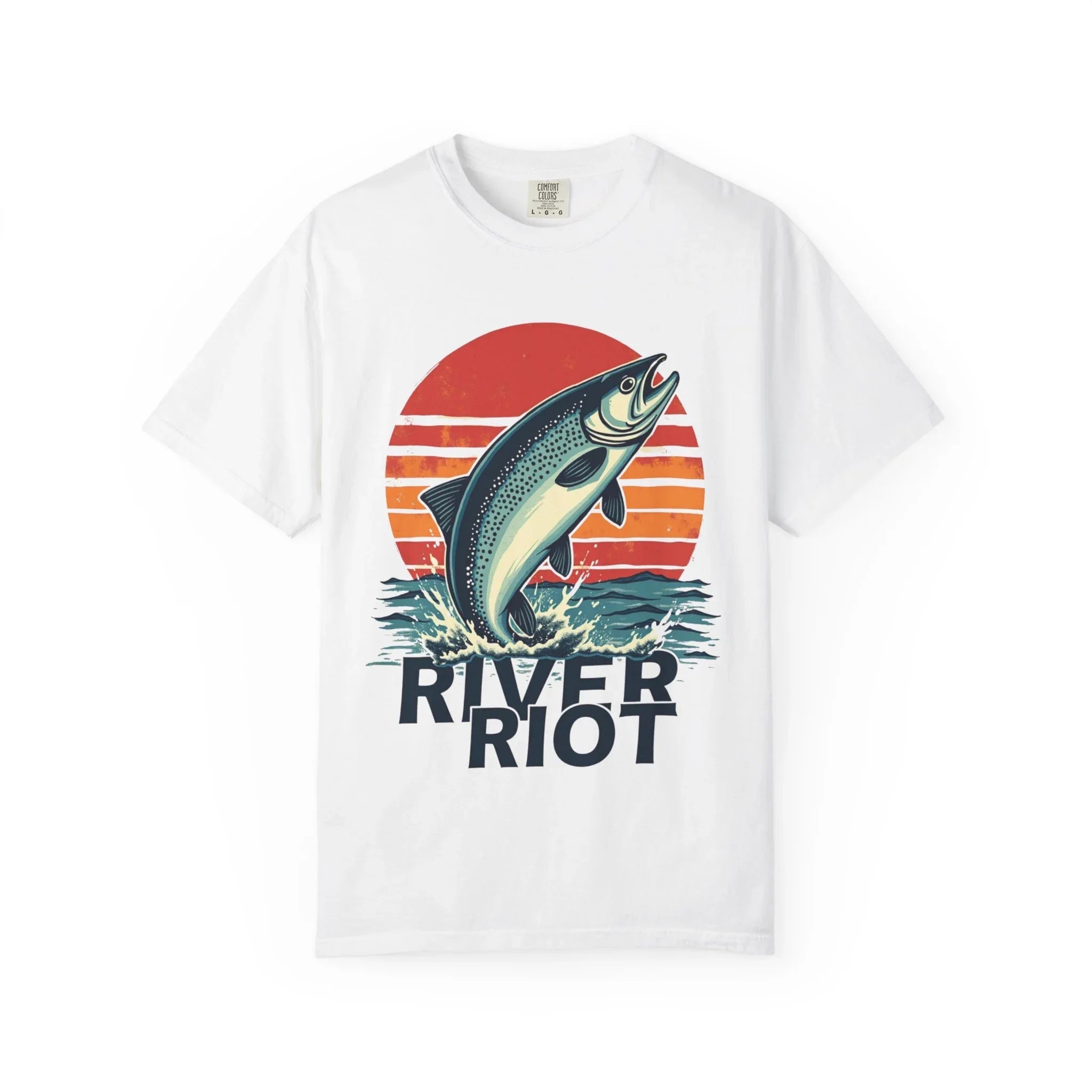 River Riot Trout Shirt, Retro Sunrise Fly Fishing Tee, Leaping Trout Graphic T-Shirt, Angler River Life Gift, Vintage Outdoors