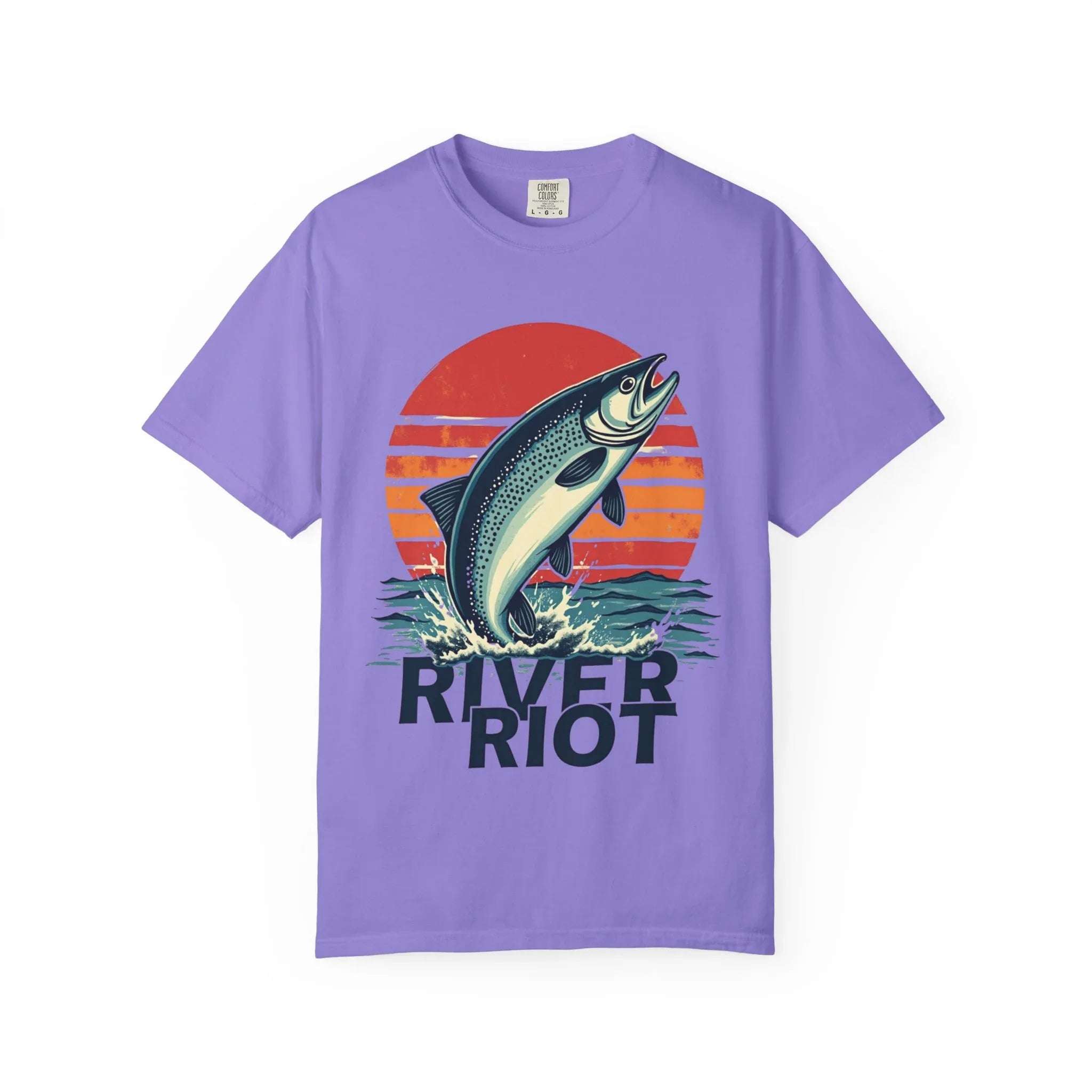 River Riot Trout Shirt, Retro Sunrise Fly Fishing Tee, Leaping Trout Graphic T-Shirt, Angler River Life Gift, Vintage Outdoors Violet