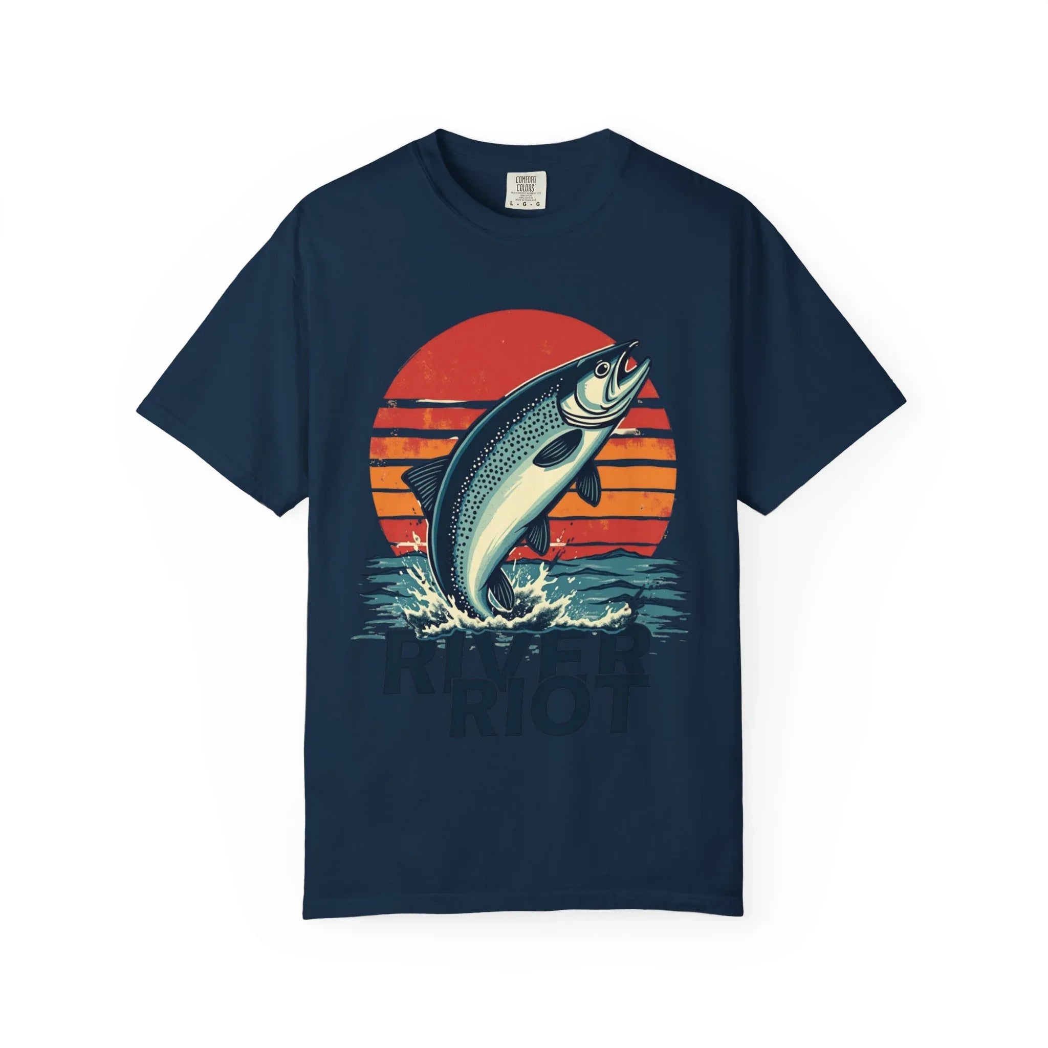 River Riot Trout Shirt, Retro Sunrise Fly Fishing Tee, Leaping Trout Graphic T-Shirt, Angler River Life Gift, Vintage Outdoors True Navy