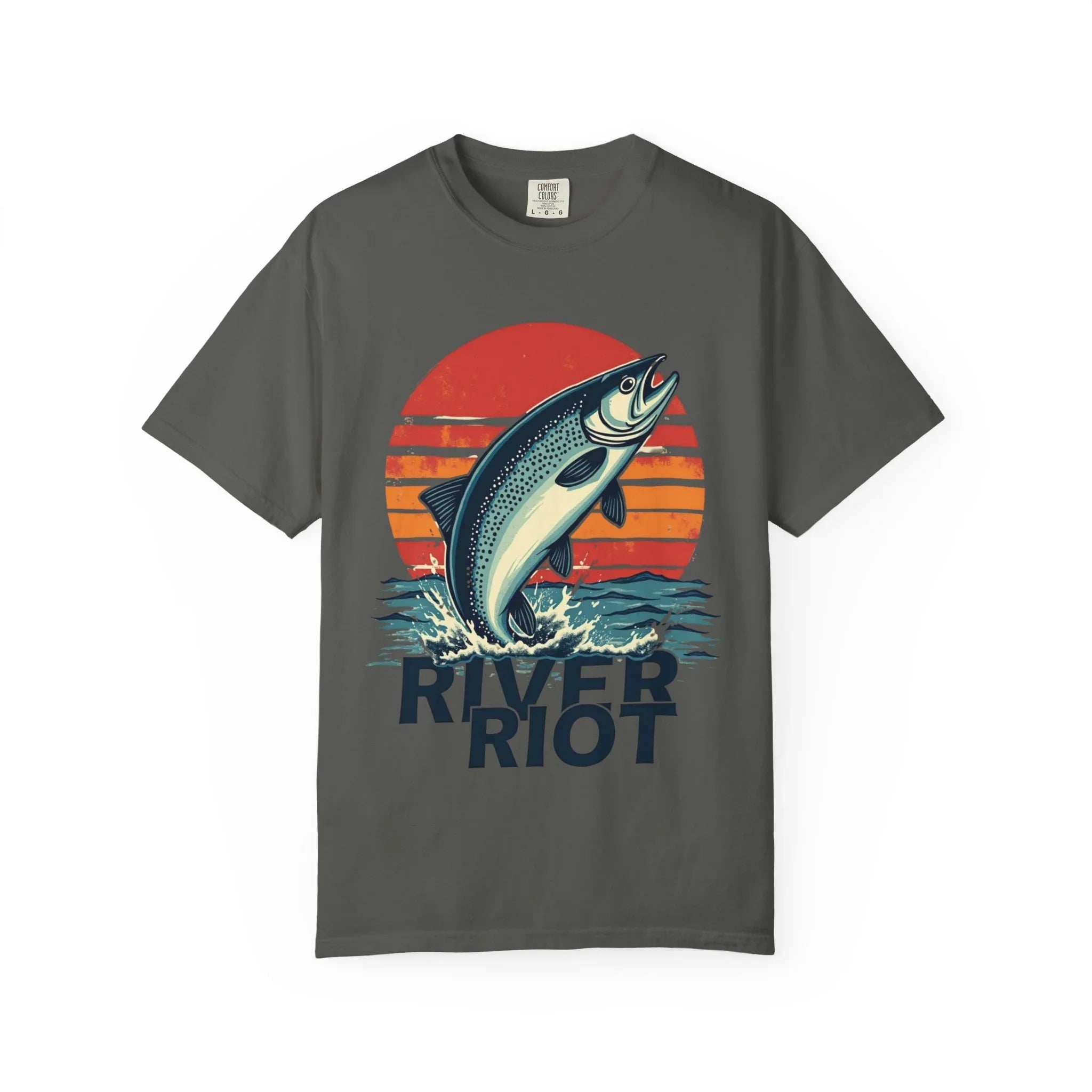 River Riot Trout Shirt, Retro Sunrise Fly Fishing Tee, Leaping Trout Graphic T-Shirt, Angler River Life Gift, Vintage Outdoors Pepper