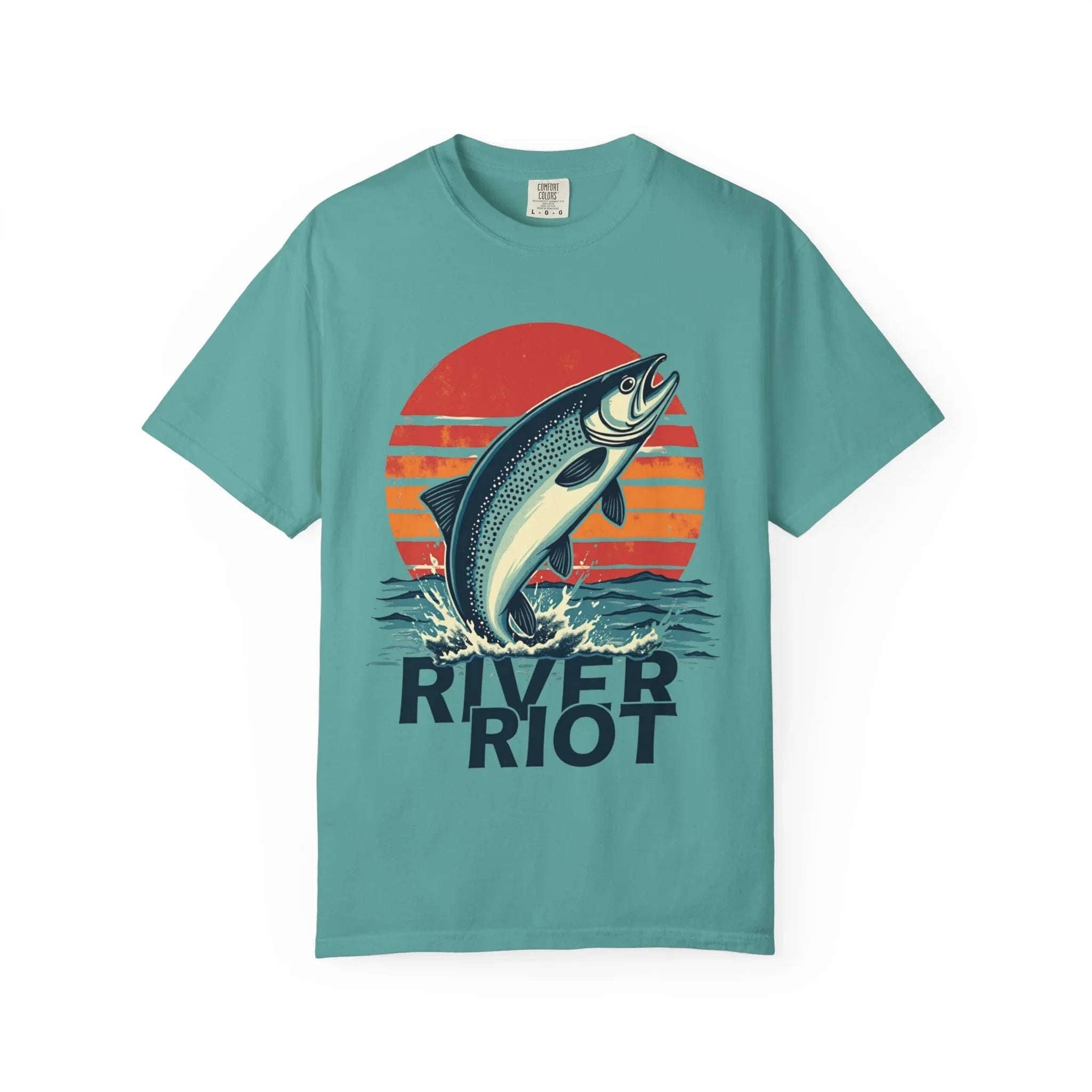 River Riot Trout Shirt, Retro Sunrise Fly Fishing Tee, Leaping Trout Graphic T-Shirt, Angler River Life Gift, Vintage Outdoors Seafoam