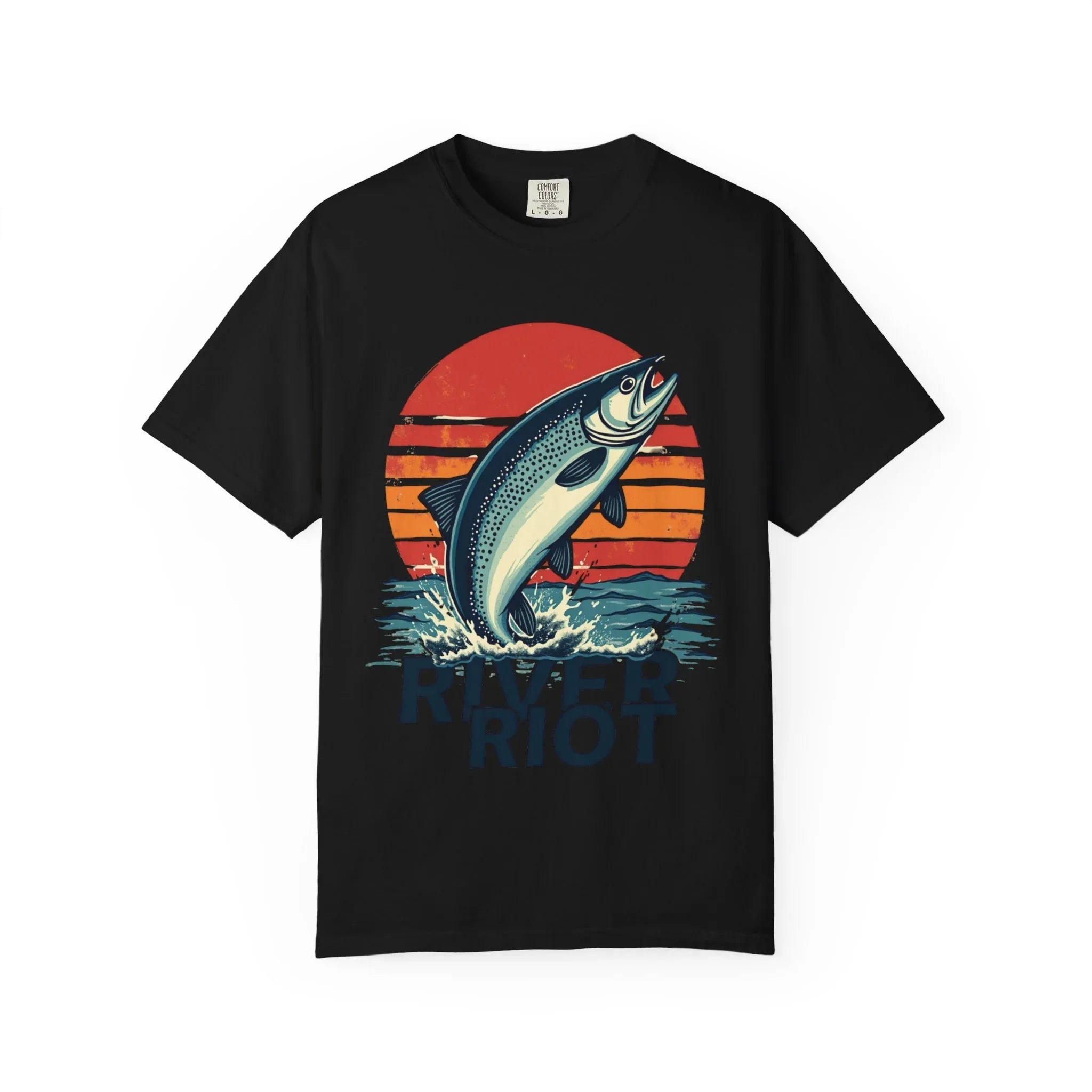 River Riot Trout Shirt, Retro Sunrise Fly Fishing Tee, Leaping Trout Graphic T-Shirt, Angler River Life Gift, Vintage Outdoors Black