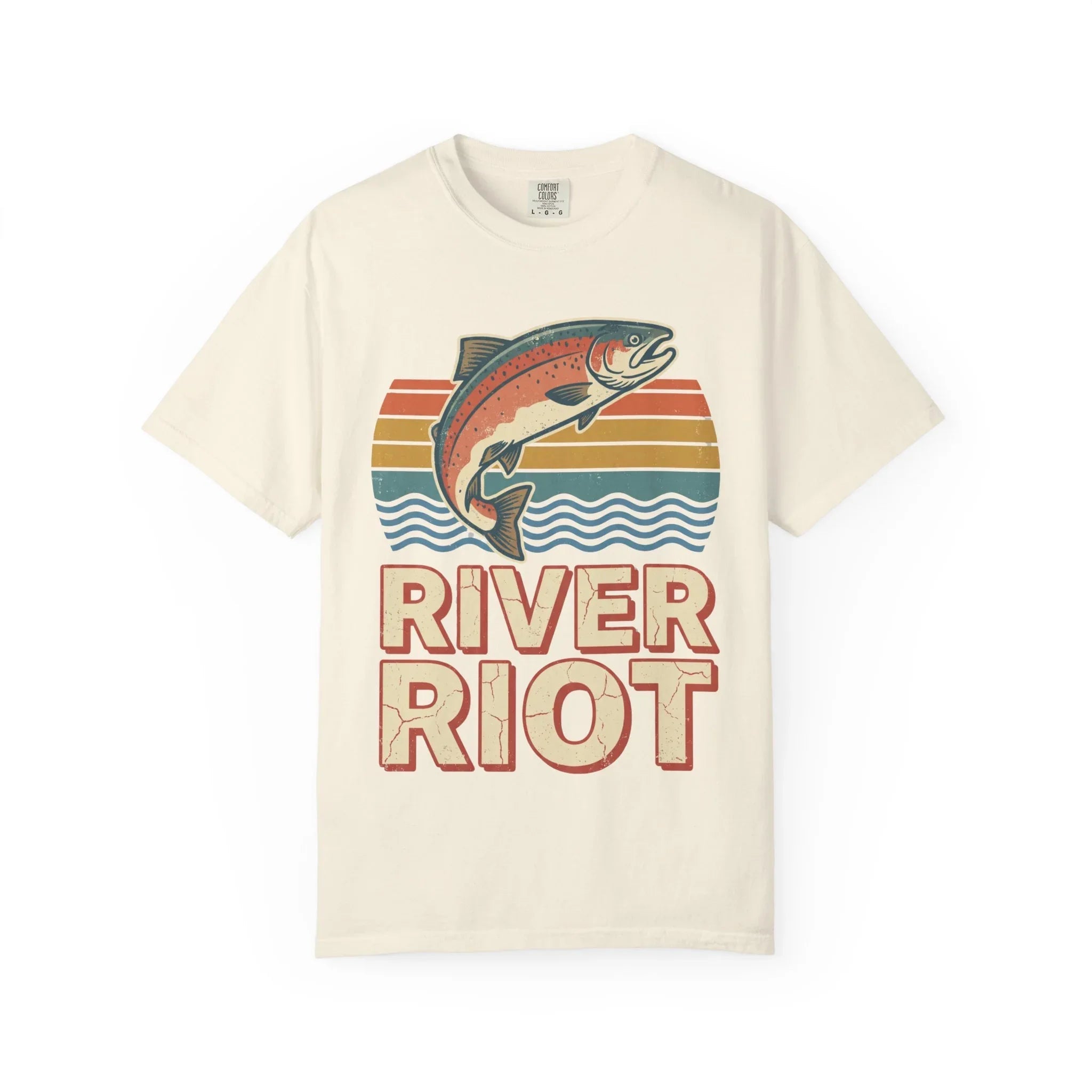 River Riot Trout T-Shirt | Retro Fishing Tee | Vintage Sunset Fish Graphic | Garment-Dyed Heavyweight Unisex Comfort Colors Ivory