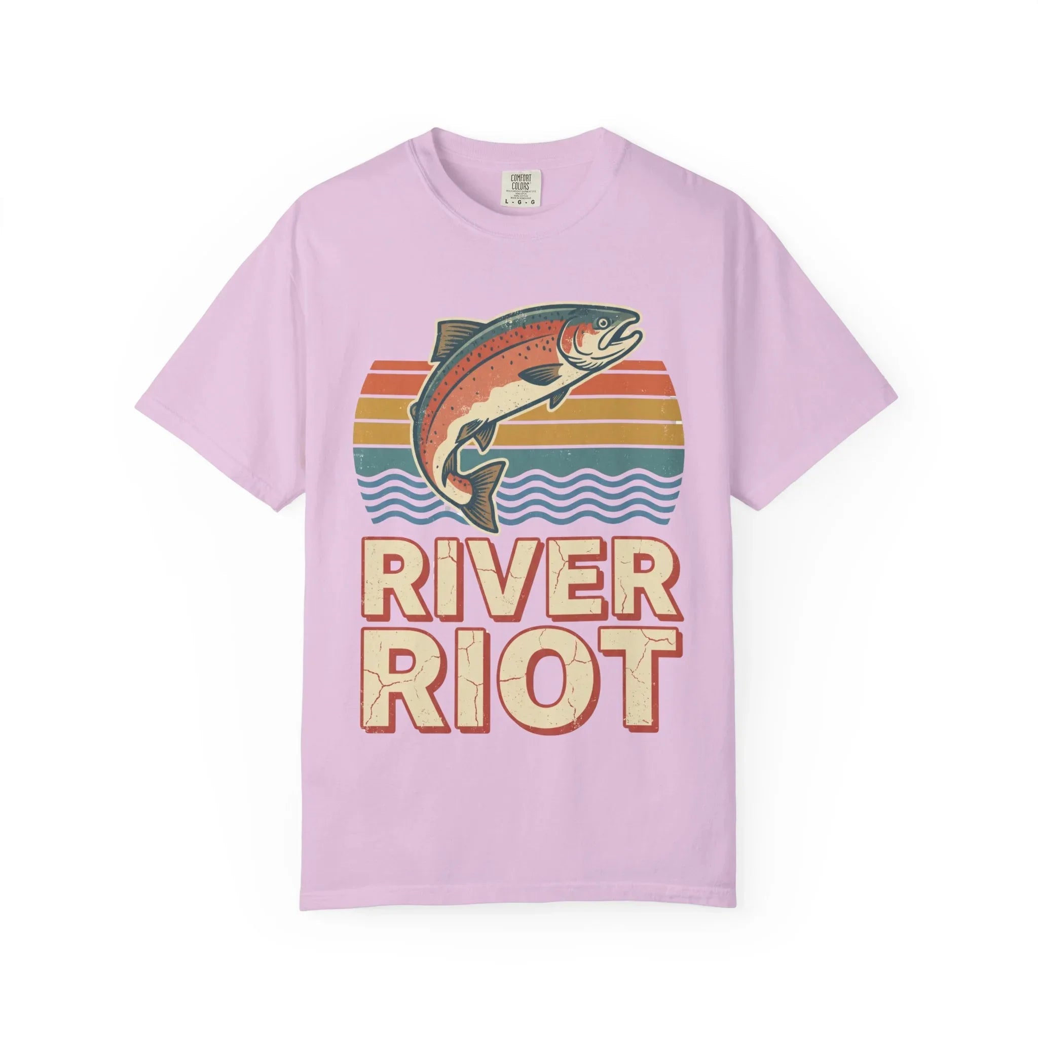 River Riot Trout T-Shirt | Retro Fishing Tee | Vintage Sunset Fish Graphic | Garment-Dyed Heavyweight Unisex Comfort Colors Orchid