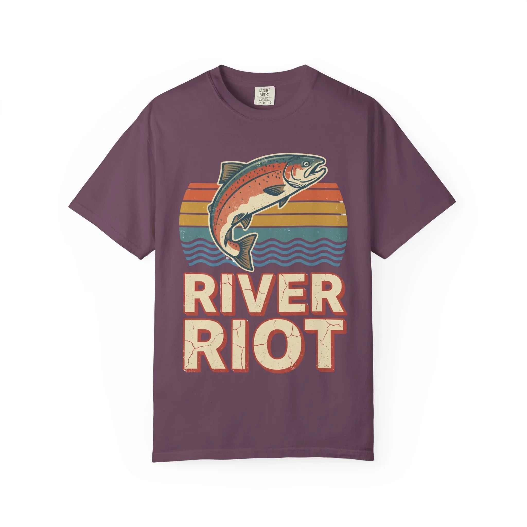 River Riot Trout T-Shirt | Retro Fishing Tee | Vintage Sunset Fish Graphic | Garment-Dyed Heavyweight Unisex Comfort Colors Berry M