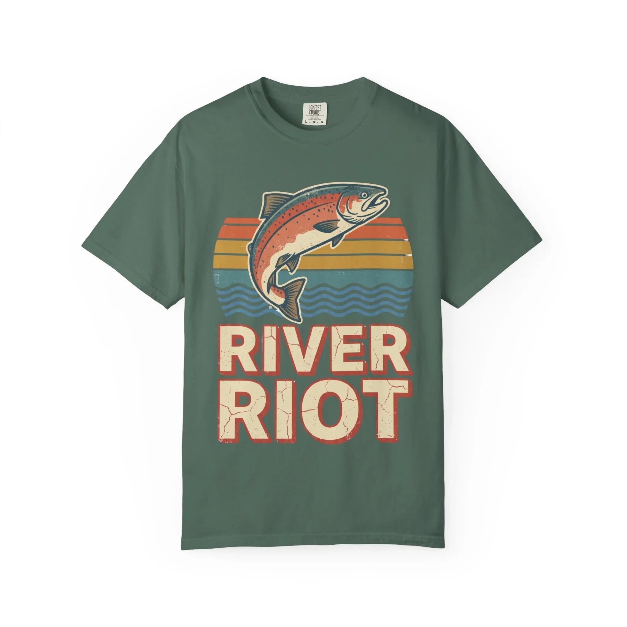 River Riot Trout T-Shirt | Retro Fishing Tee | Vintage Sunset Fish Graphic | Garment-Dyed Heavyweight Unisex Comfort Colors Blue Spruce