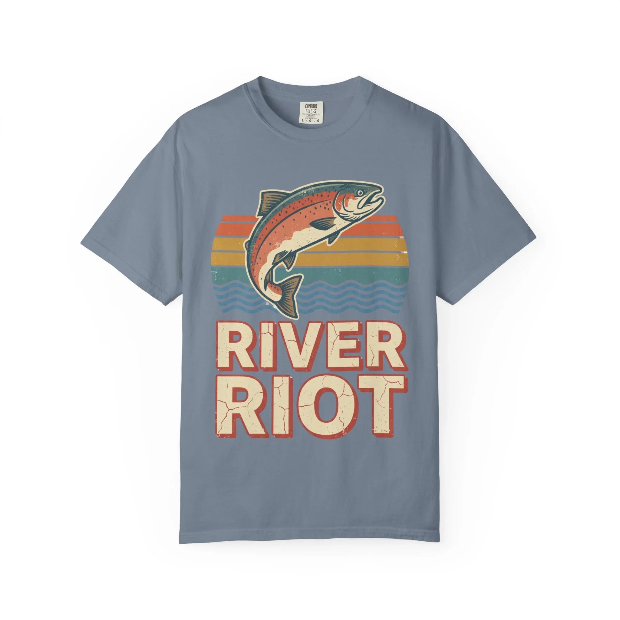 River Riot Trout T-Shirt | Retro Fishing Tee | Vintage Sunset Fish Graphic | Garment-Dyed Heavyweight Unisex Comfort Colors Blue Jean