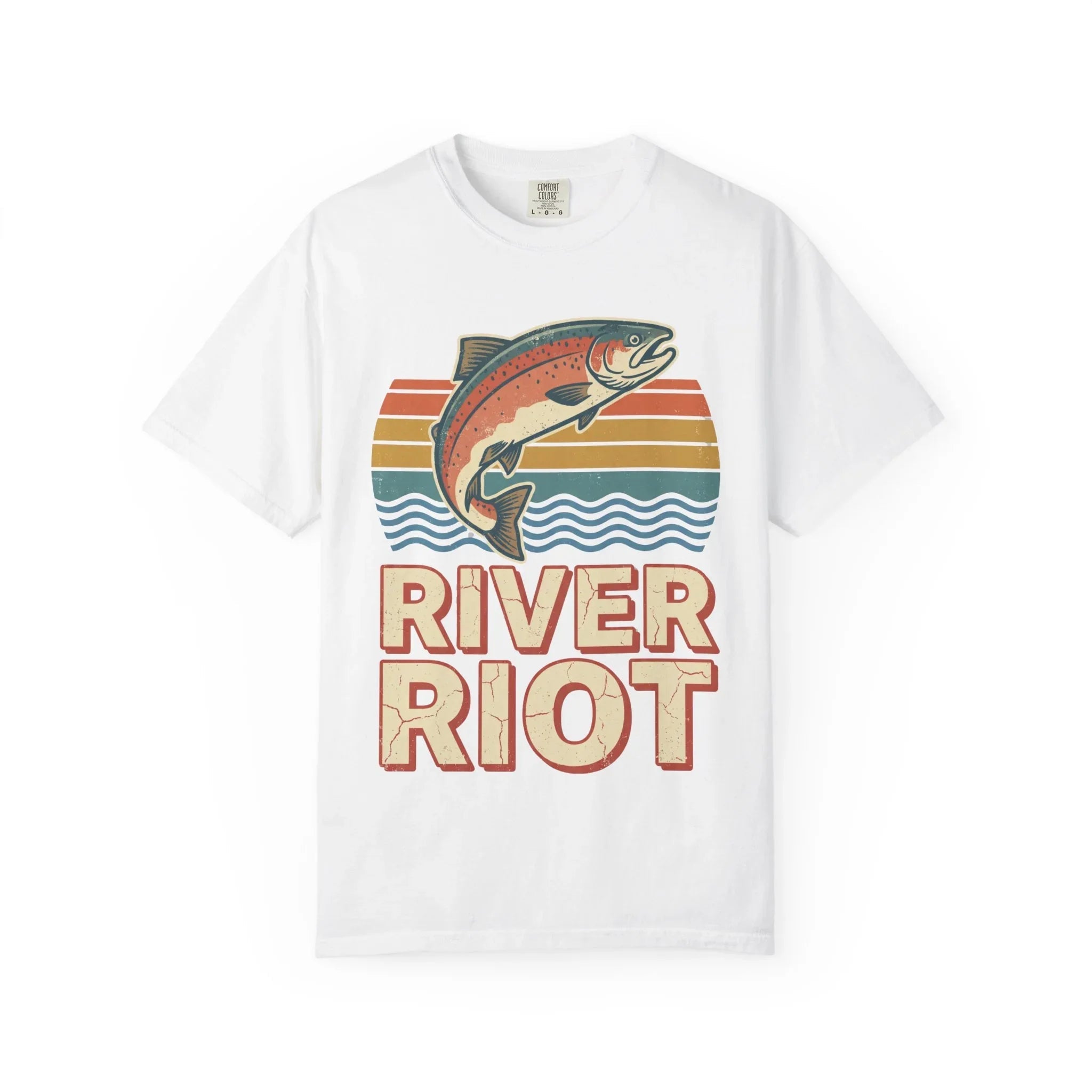 River Riot Trout T-Shirt | Retro Fishing Tee | Vintage Sunset Fish Graphic | Garment-Dyed Heavyweight Unisex Comfort Colors White