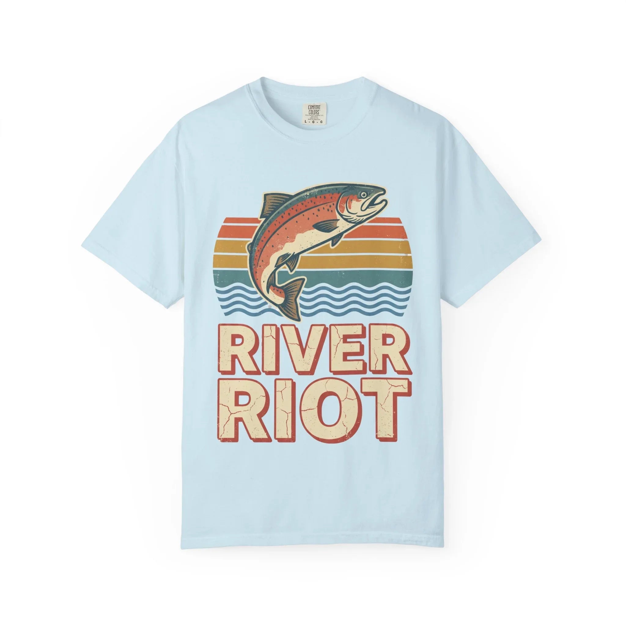 River Riot Trout T-Shirt | Retro Fishing Tee | Vintage Sunset Fish Graphic | Garment-Dyed Heavyweight Unisex Comfort Colors Chambray