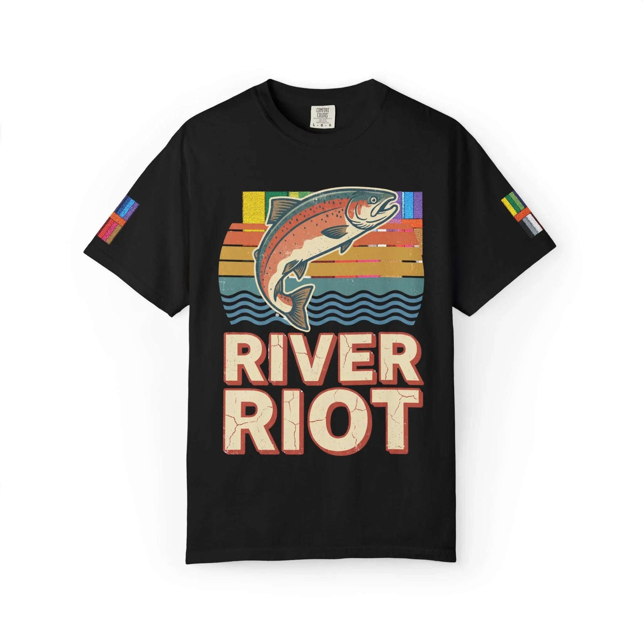 River Riot Trout T-Shirt | Retro Fishing Tee | Vintage Sunset Fish Graphic | Garment-Dyed Heavyweight Unisex Comfort Colors