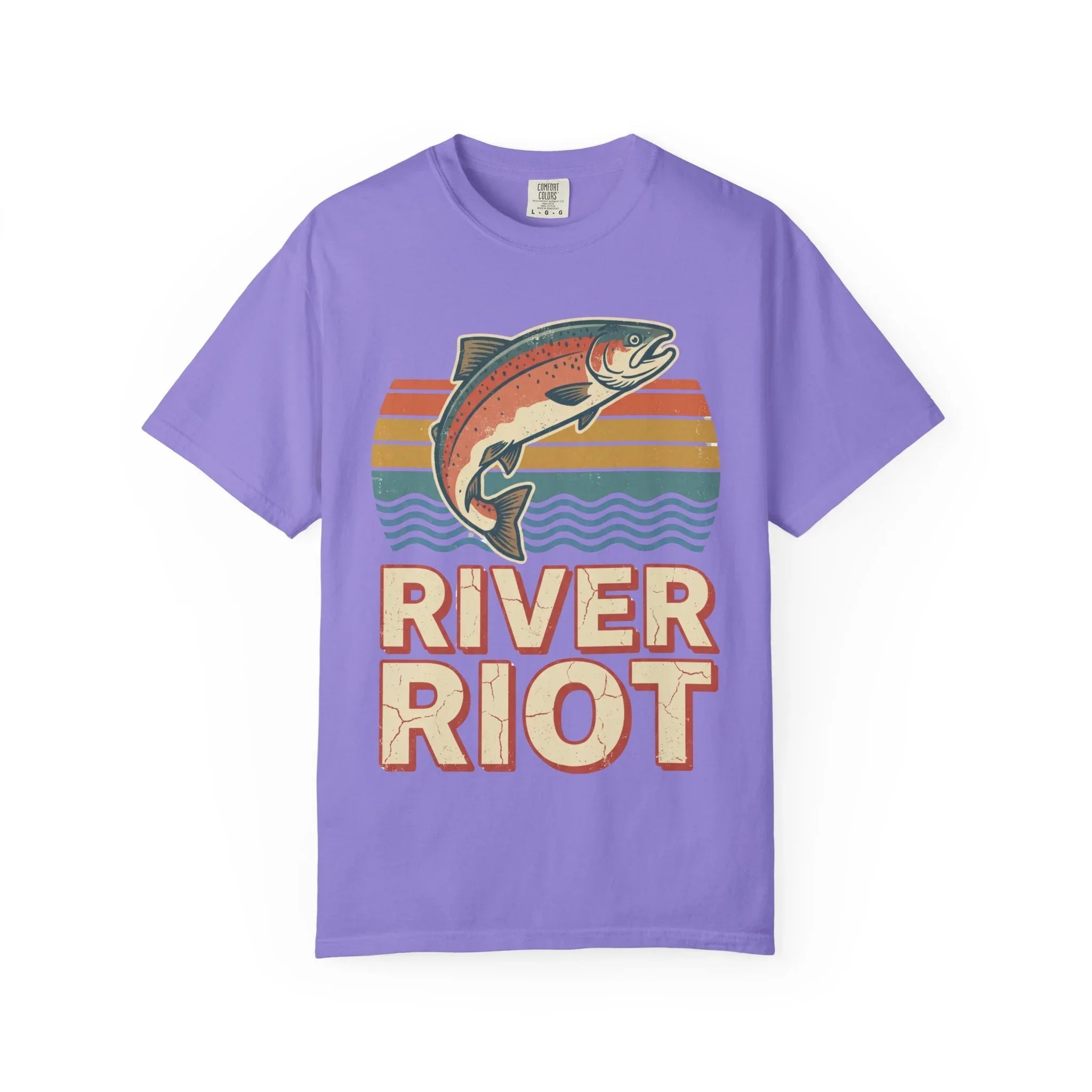 River Riot Trout T-Shirt | Retro Fishing Tee | Vintage Sunset Fish Graphic | Garment-Dyed Heavyweight Unisex Comfort Colors Violet