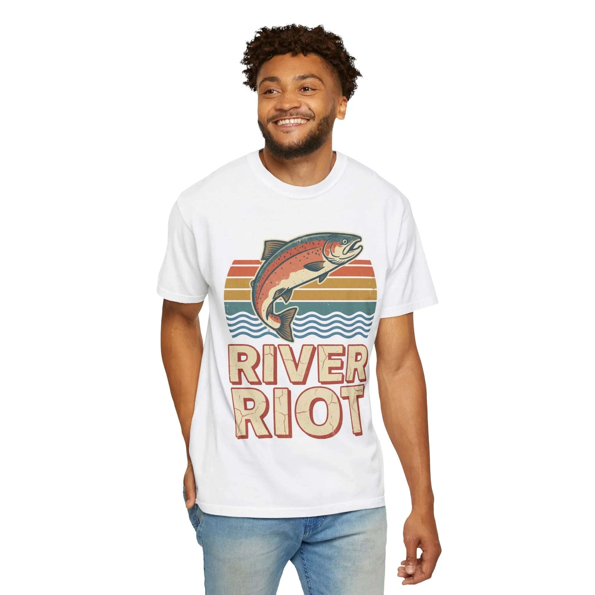 River Riot Trout T-Shirt | Retro Fishing Tee | Vintage Sunset Fish Graphic | Garment-Dyed Heavyweight Unisex Comfort Colors