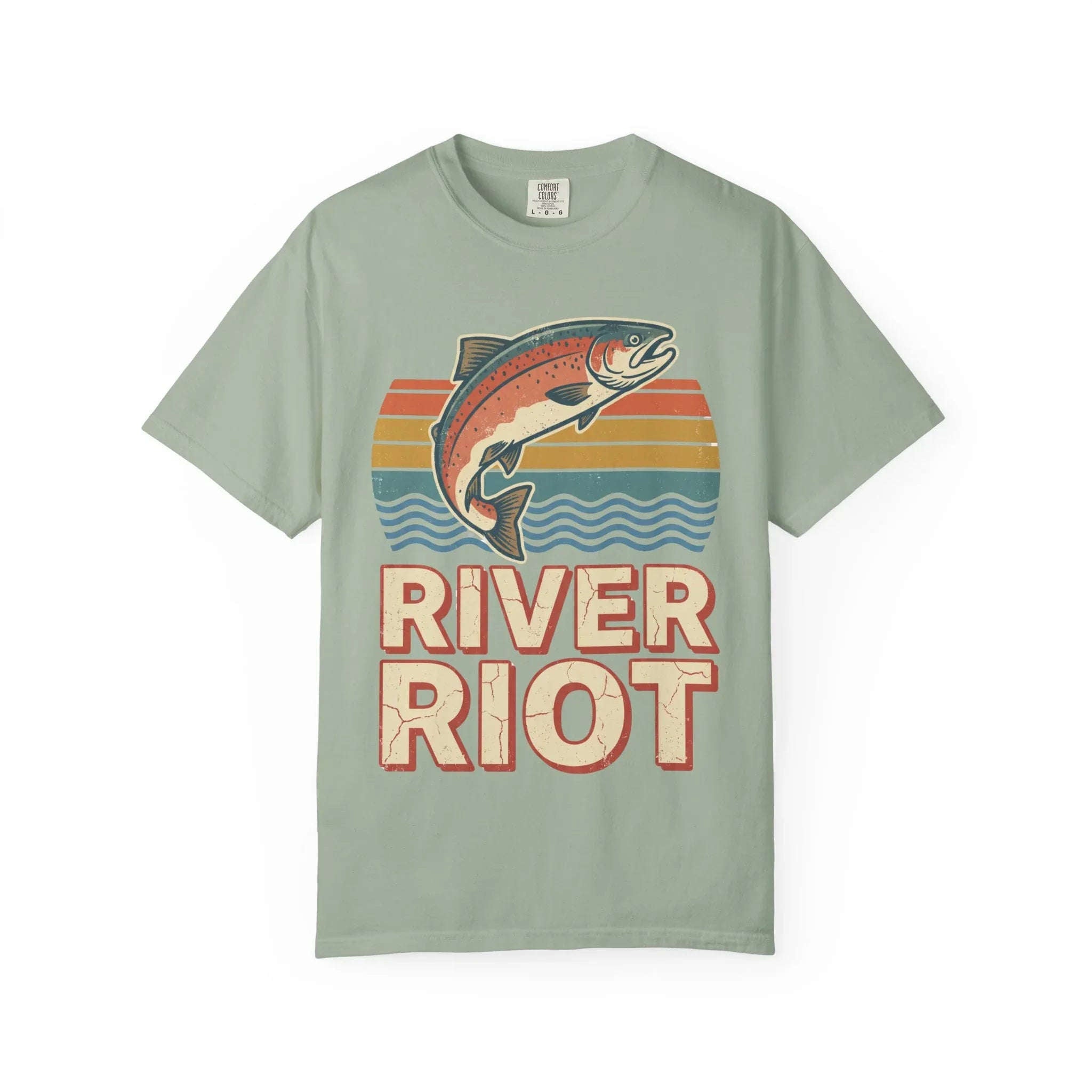 River Riot Trout T-Shirt | Retro Fishing Tee | Vintage Sunset Fish Graphic | Garment-Dyed Heavyweight Unisex Comfort Colors Bay
