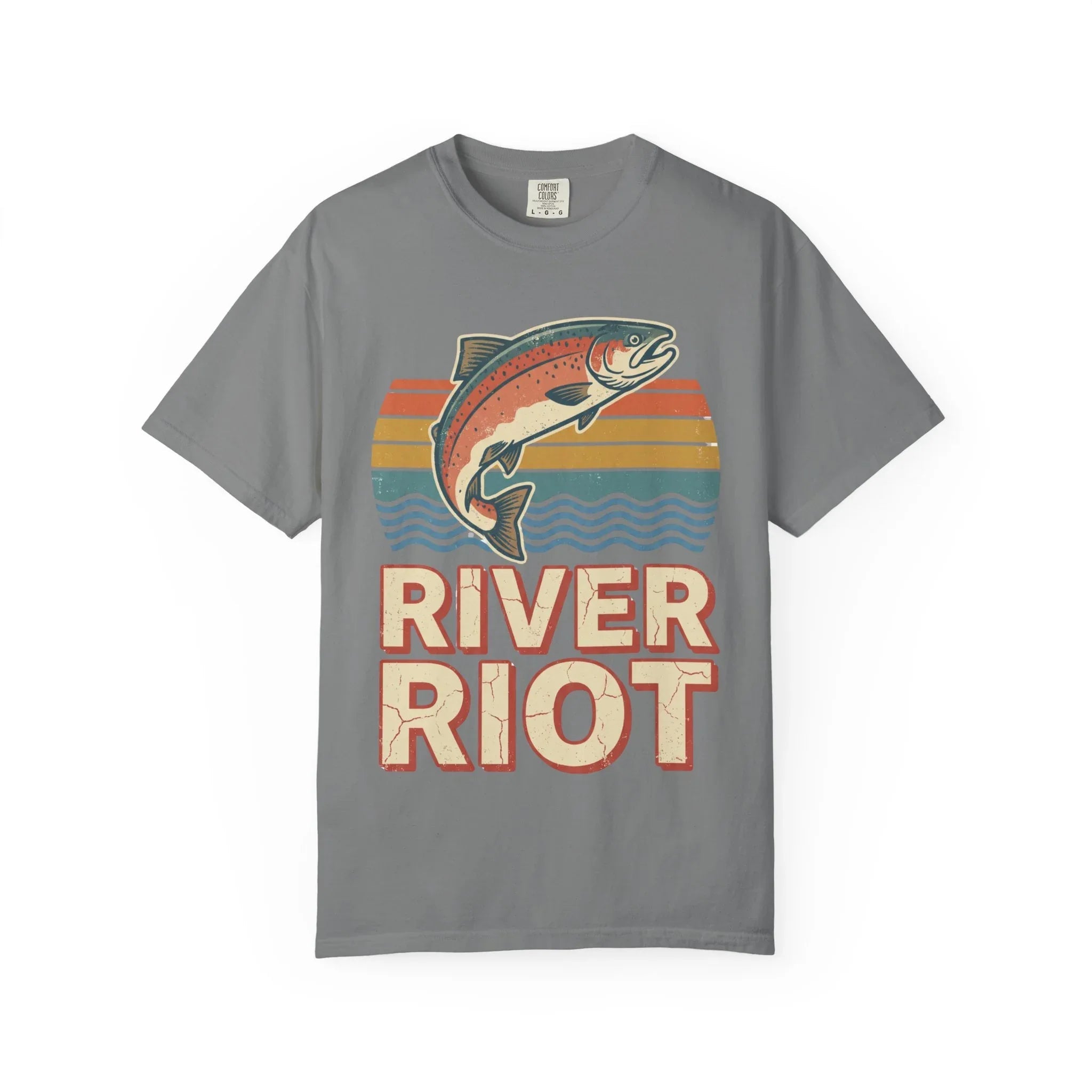 River Riot Trout T-Shirt | Retro Fishing Tee | Vintage Sunset Fish Graphic | Garment-Dyed Heavyweight Unisex Comfort Colors Grey
