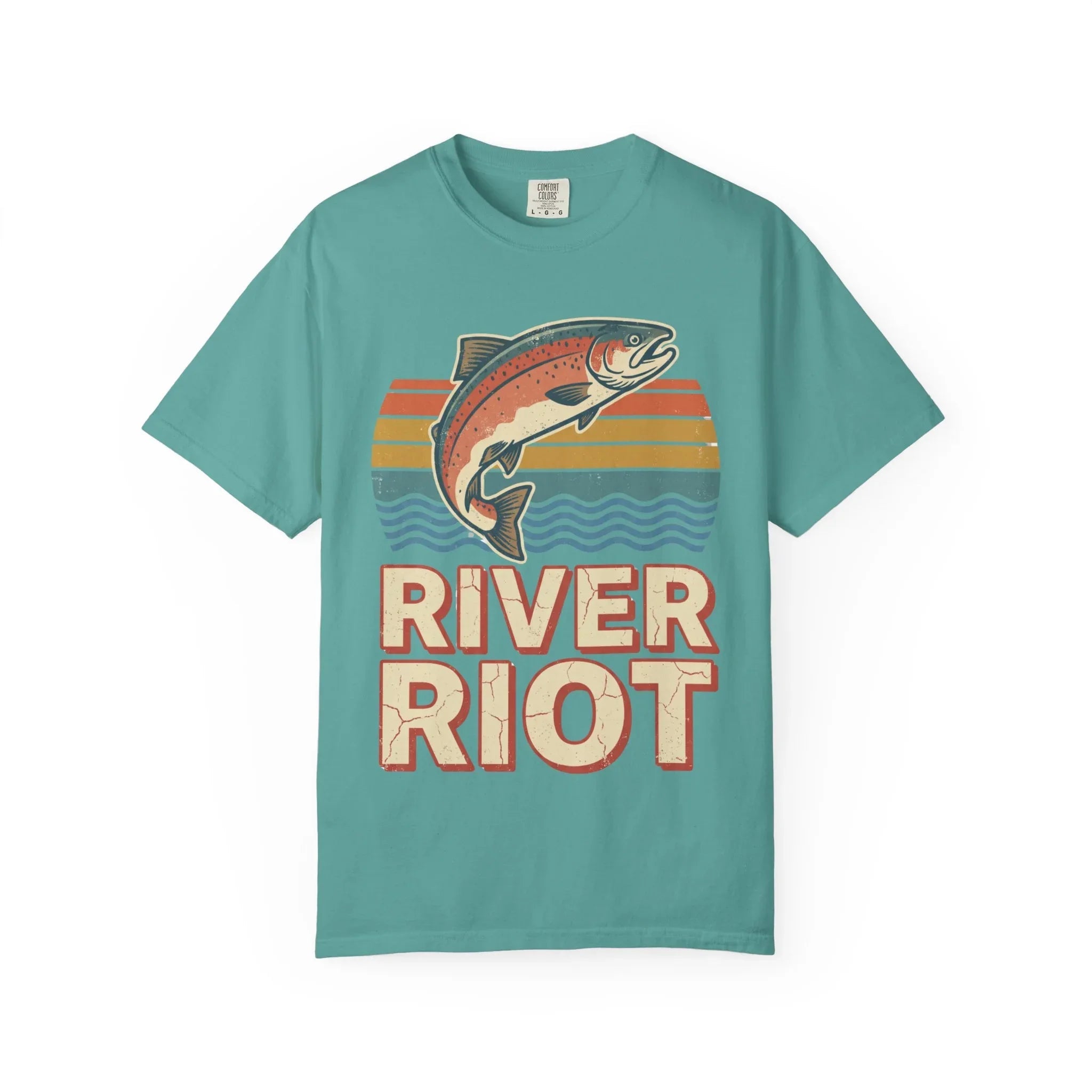 River Riot Trout T-Shirt | Retro Fishing Tee | Vintage Sunset Fish Graphic | Garment-Dyed Heavyweight Unisex Comfort Colors Seafoam