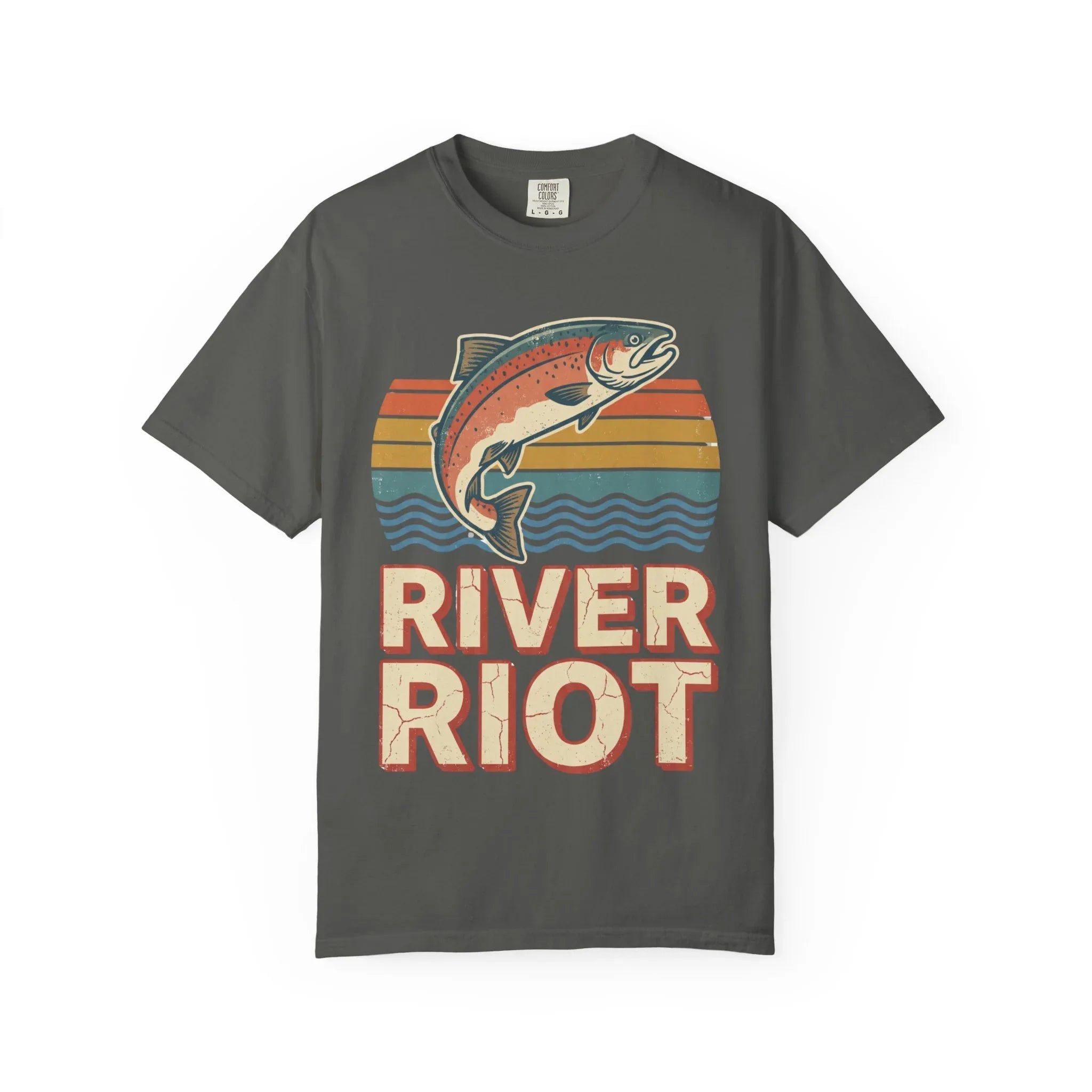 River Riot Trout T-Shirt | Retro Fishing Tee | Vintage Sunset Fish Graphic | Garment-Dyed Heavyweight Unisex Comfort Colors Pepper